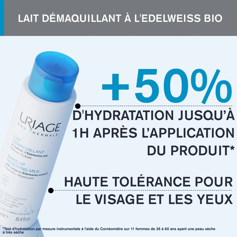 Flacon du produit et texte: +50% Hydratation, Haute tolérance pour le visage et les yeux.