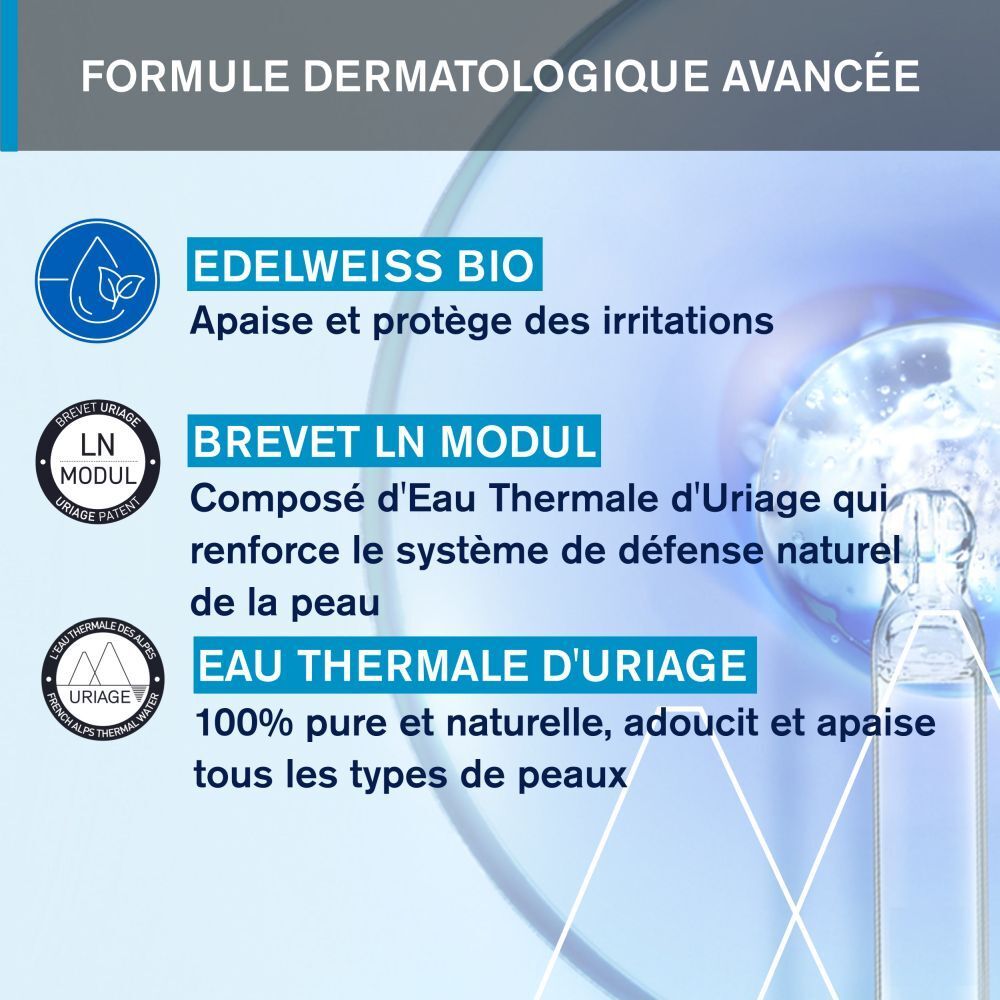 Graphique avec ingrédients. Texte: Edelweiss Bio, Brevet LN Modul, Eau Thermale d'Uriage.
