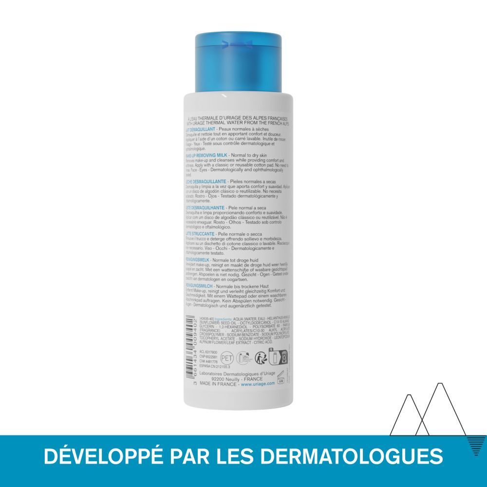 Dos du flacon. Texte multilingue. Développé par les dermatologues.