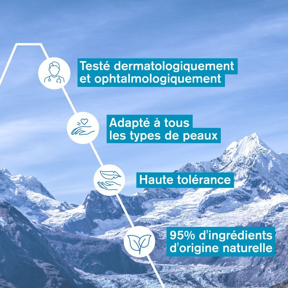 Graphique avec texte: Testé dermatologiquement et ophtalmologiquement, Adapté à tous les types de peaux.