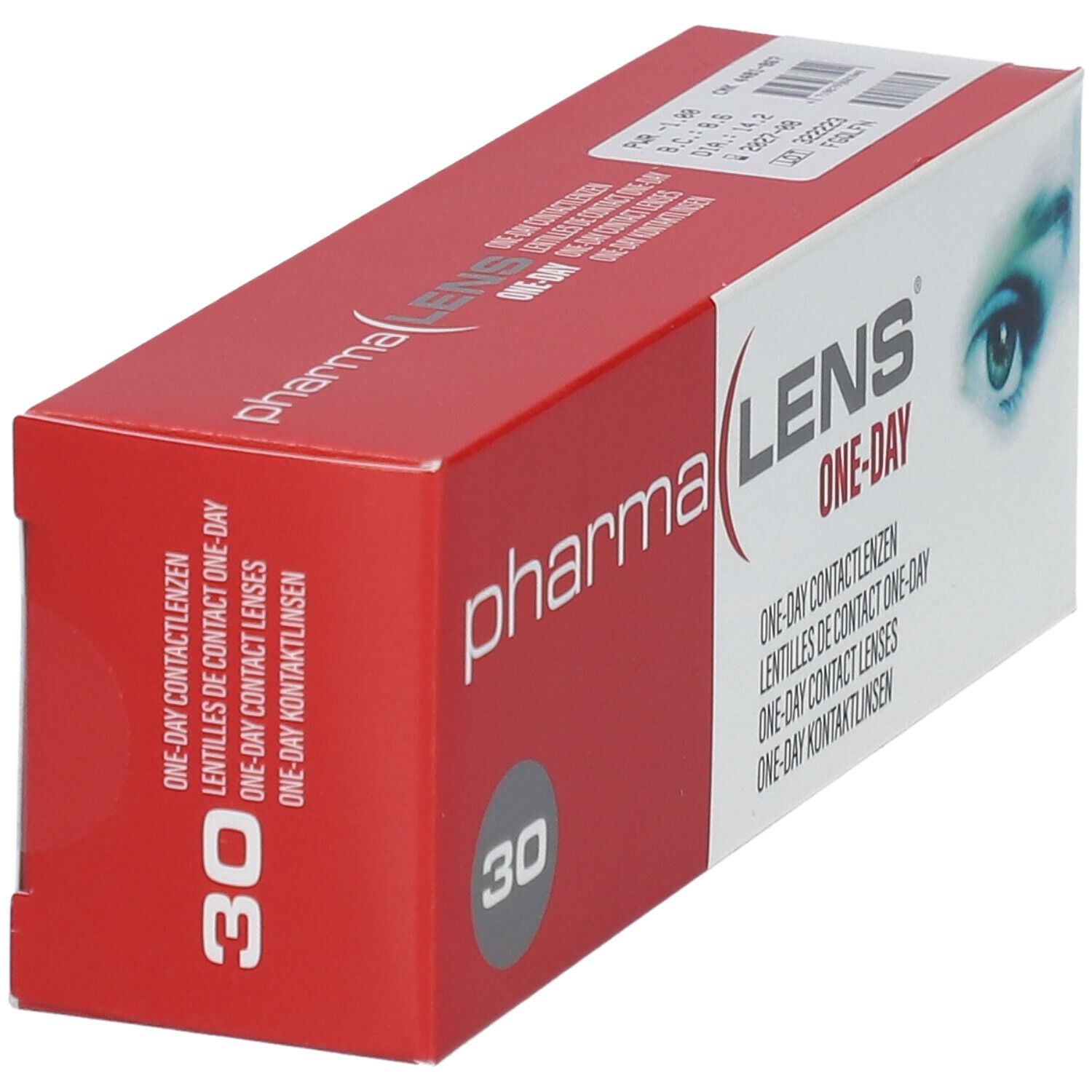 Boîte rouge et blanche de lentilles de contact. Inscription : pharma LENS ONE-DAY. 30 pièces. Vue latérale.