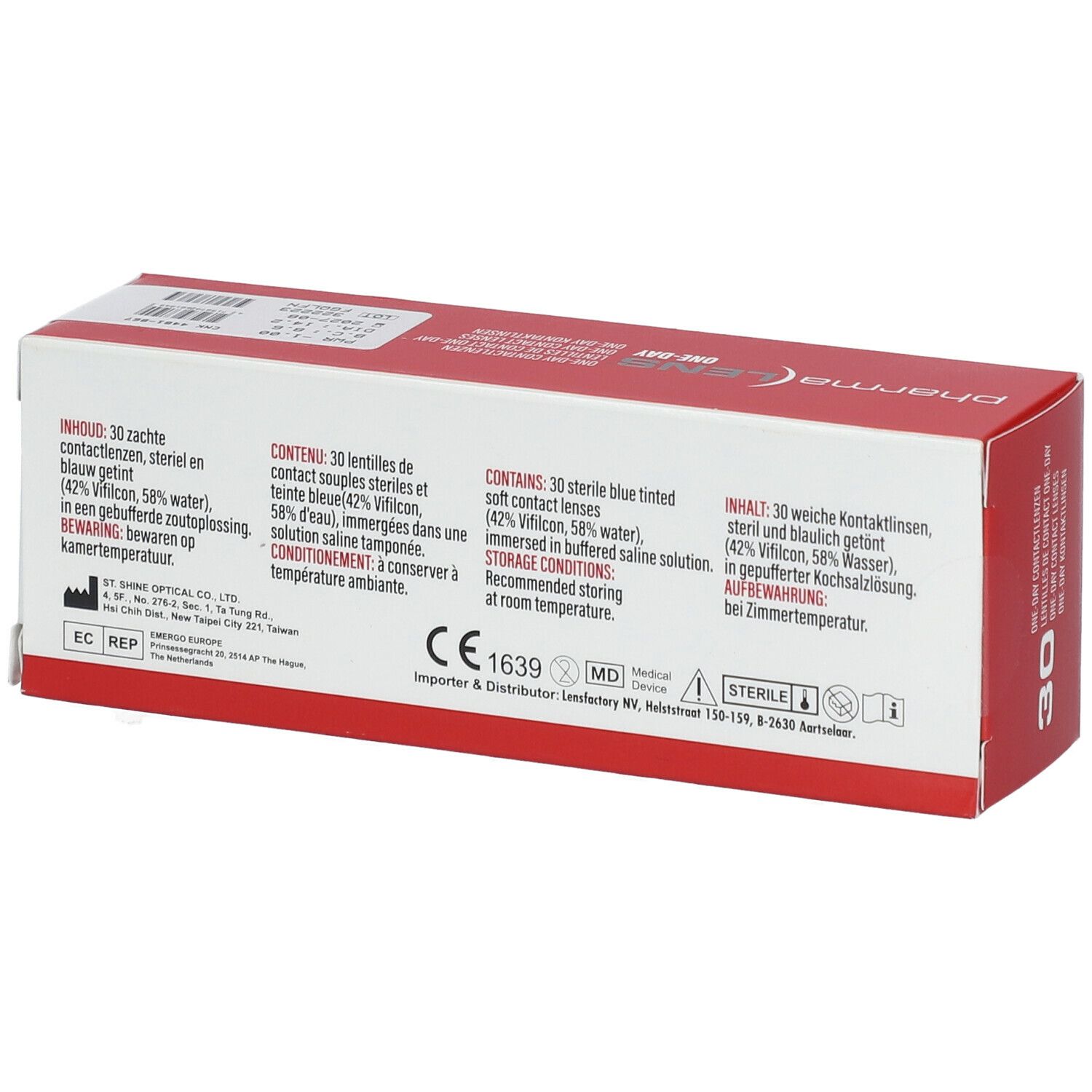 Boîte rouge et blanche de lentilles de contact. Inscription : pharma LENS ONE-DAY. Dos avec informations produit.
