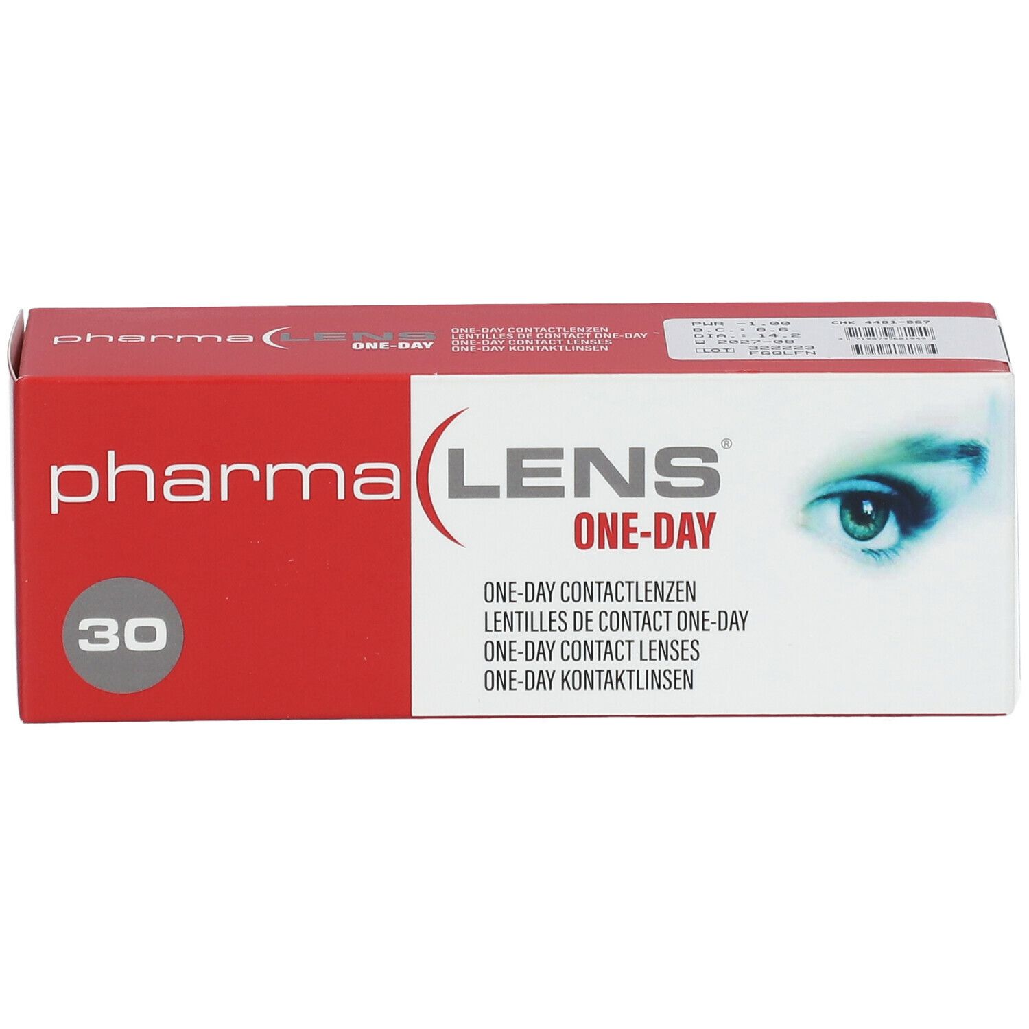 Boîte rouge et blanche de lentilles de contact. Inscription : pharma LENS ONE-DAY. 30 pièces. Image d'un œil.