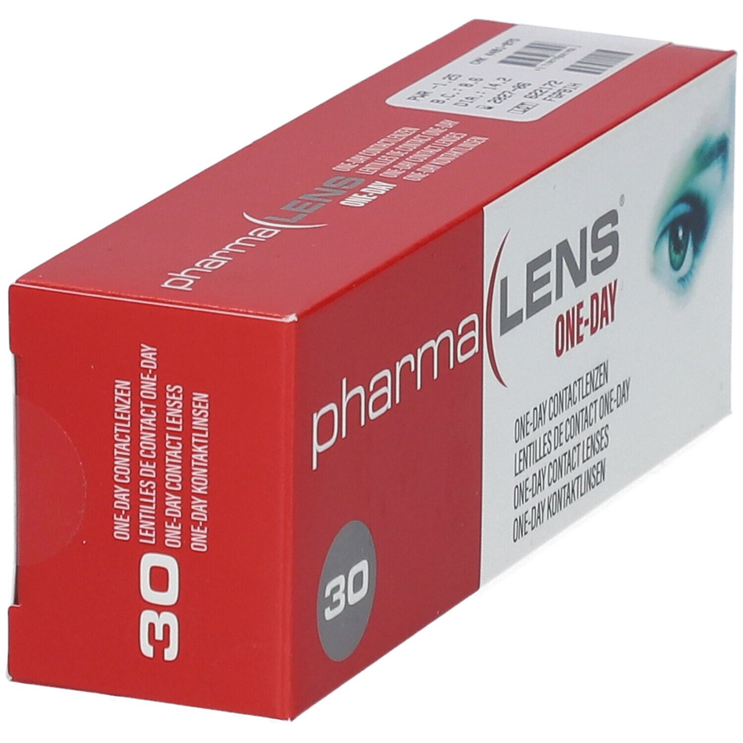 Boîte "pharma LENS ONE-DAY" avec 30 lentilles de contact. Emballage rouge et blanc. Image d'un œil sur le côté.