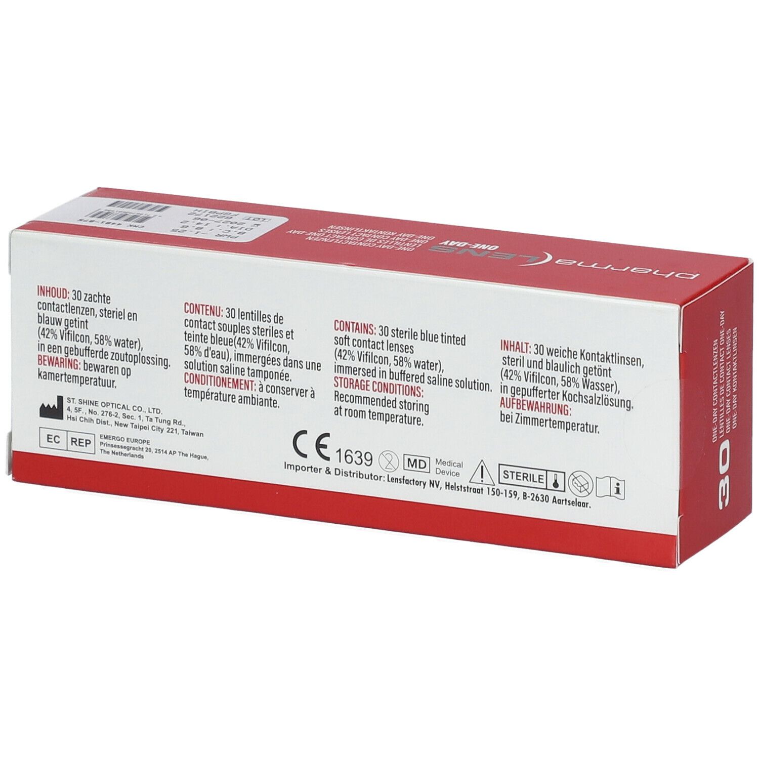 Dos de la boîte "pharma LENS ONE-DAY". Informations sur les ingrédients, le stockage et la certification CE1639.