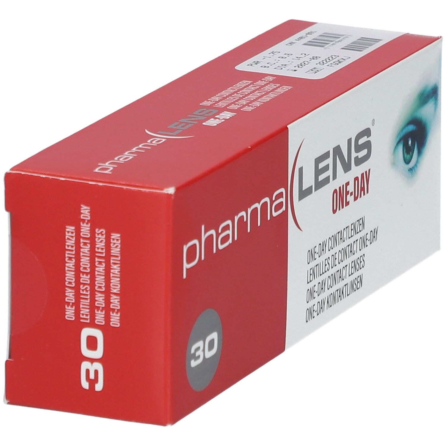 Boîte de lentilles de contact Pharmalens One-Day. Emballage rouge et blanc avec nom du produit et 30 unités.