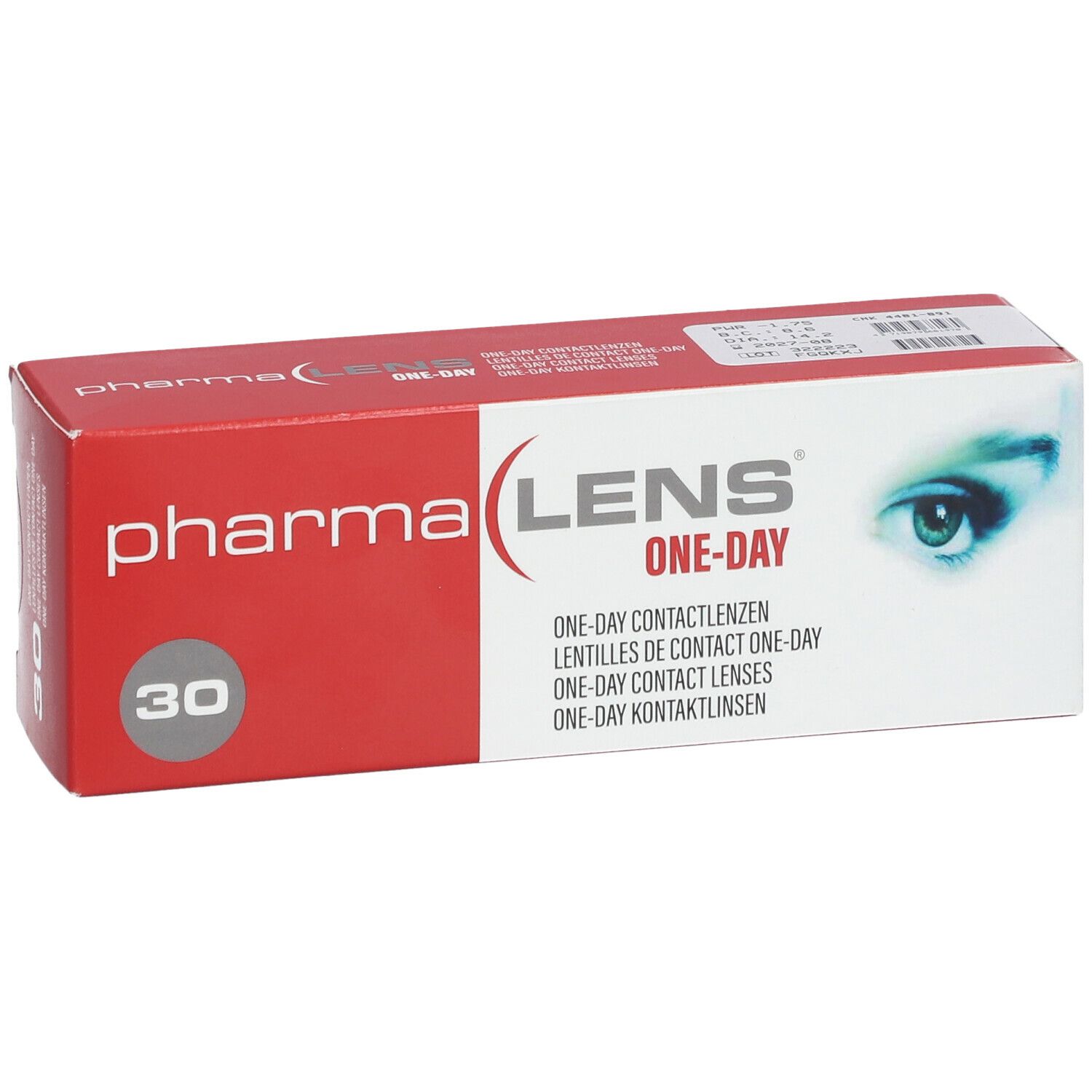 Boîte de lentilles de contact Pharmalens One-Day. Boîte rouge et blanche avec nom du produit et 30 unités.