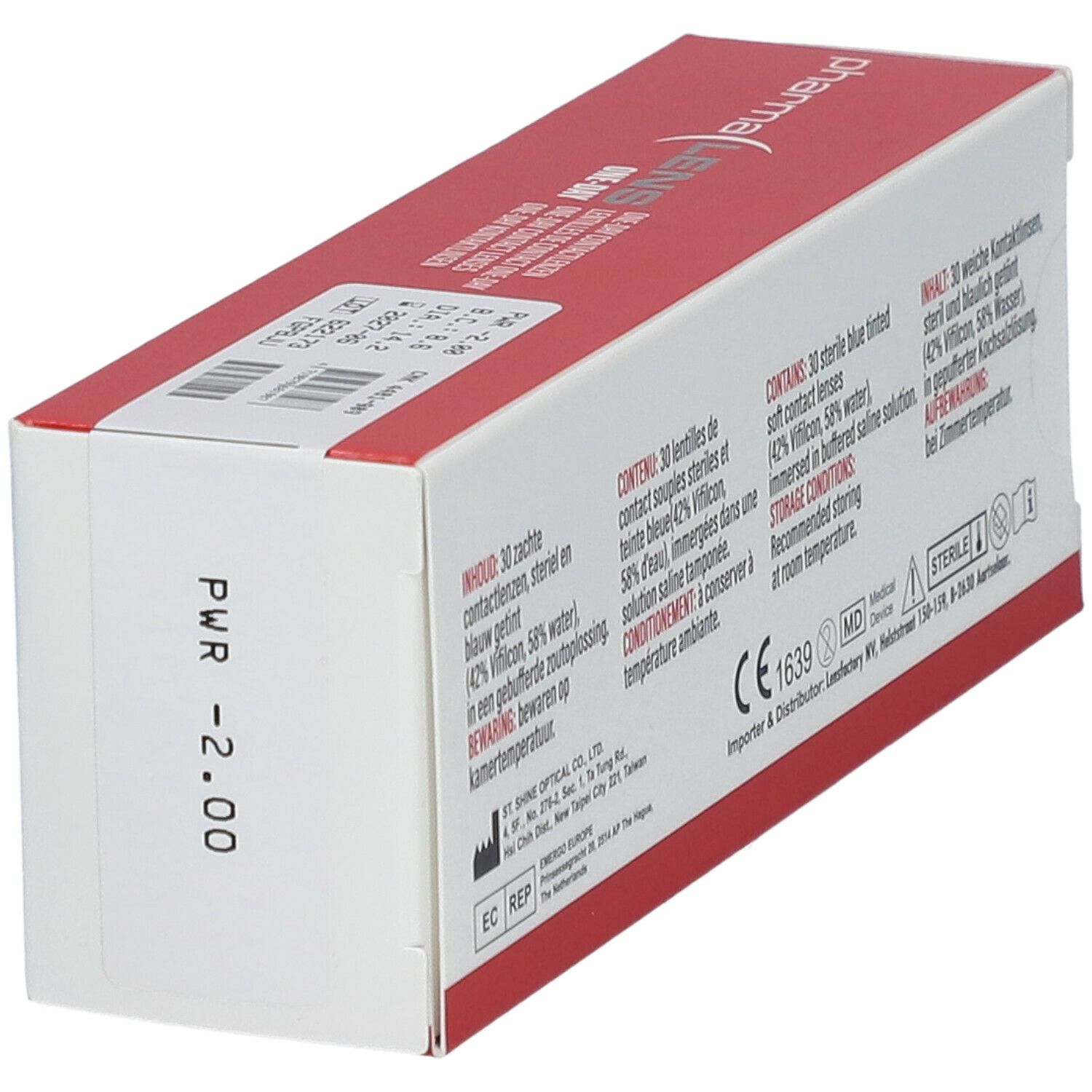 Emballage de lentilles de contact. Inscription : PWR -2.00. Contient 30 lentilles. Marquage CE.