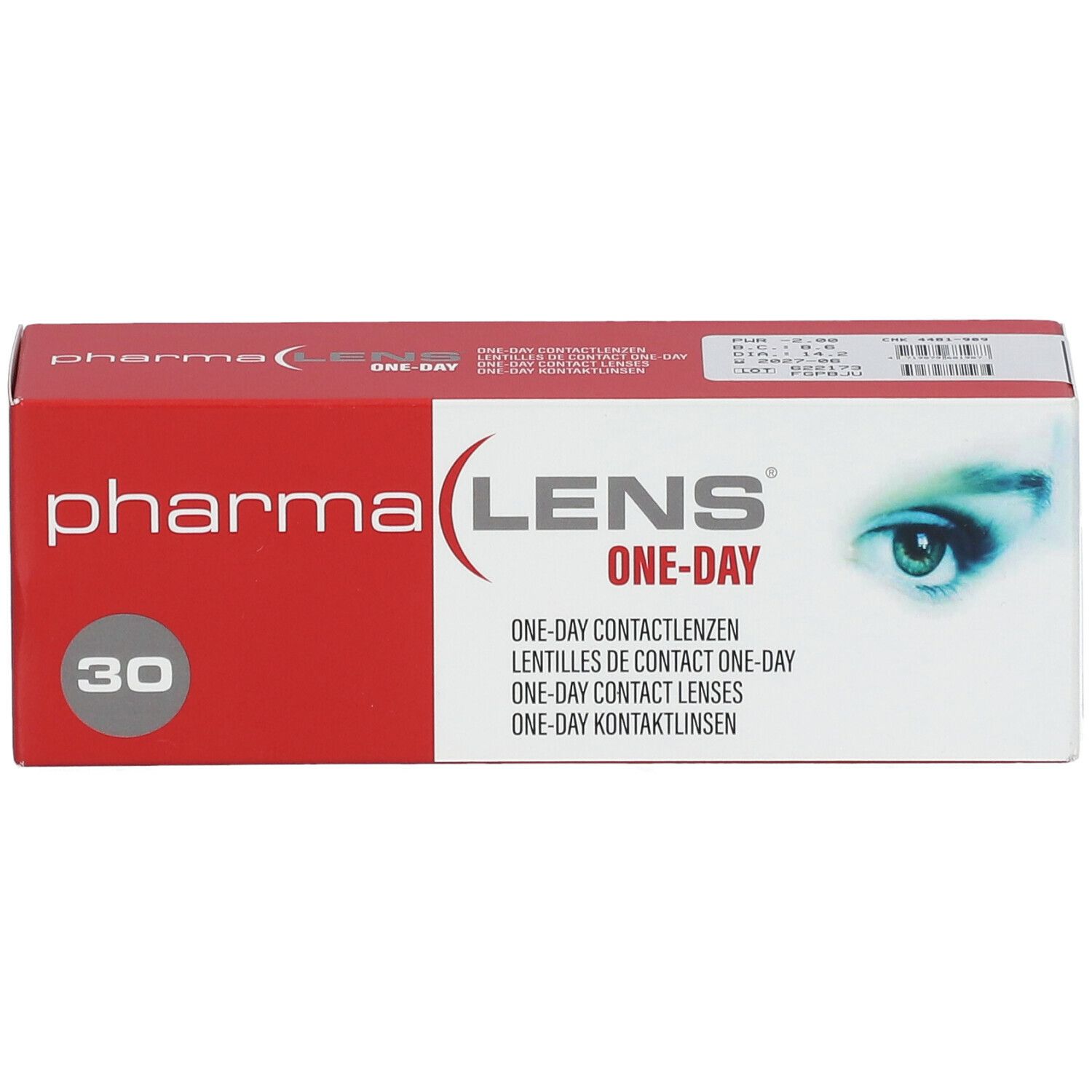 Boîte rouge et blanche de lentilles de contact. Inscription : pharma LENS ONE-DAY. 30 unités.