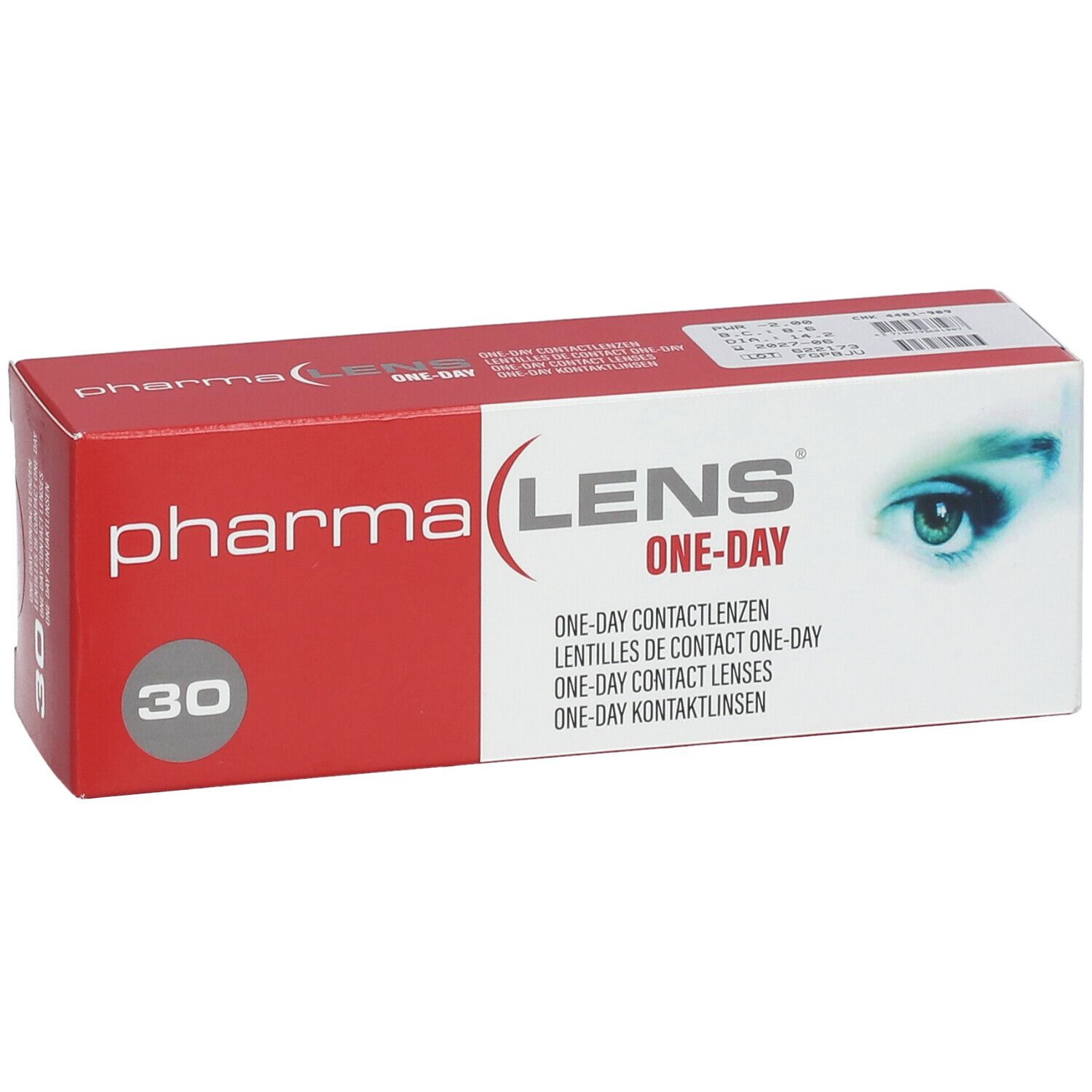 Boîte rouge et blanche de lentilles de contact. Inscription : pharma LENS ONE-DAY. 30 unités.
