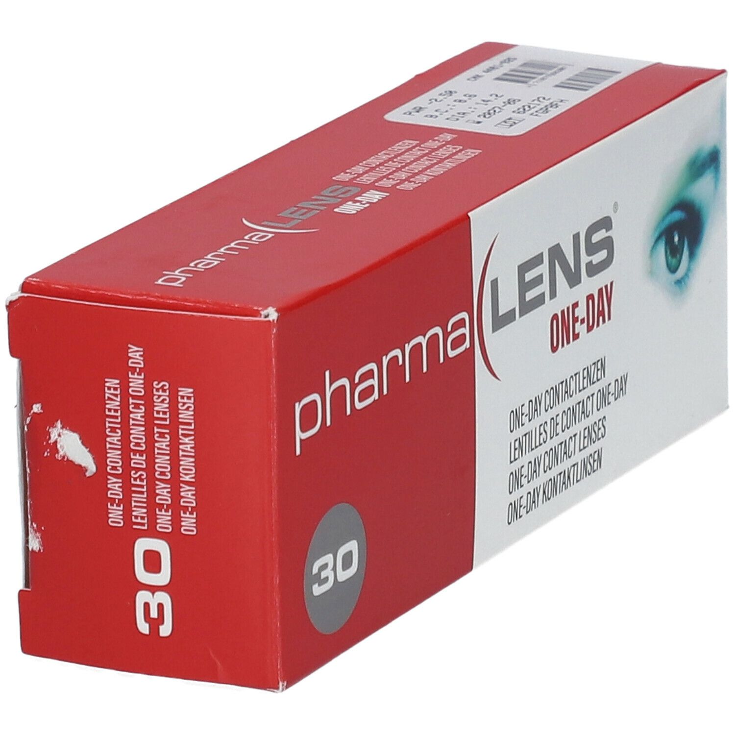 Boîte de lentilles de contact, rouge et blanche. Logo "pharma LENS ONE-DAY" et indication "30" sur le côté.