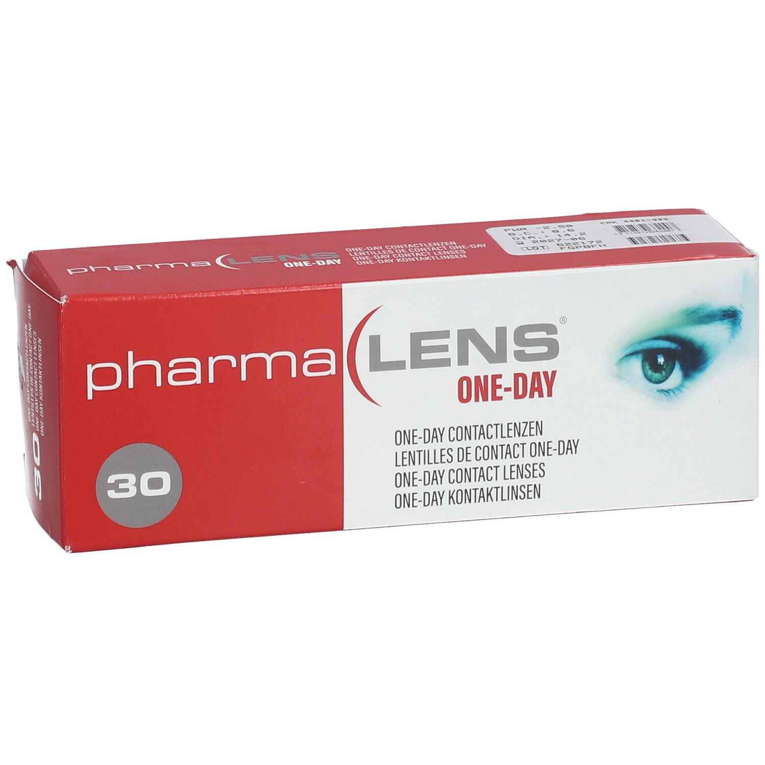 Boîte de lentilles de contact. Boîte rouge et blanche avec logo "pharma LENS ONE-DAY" et indication "30".