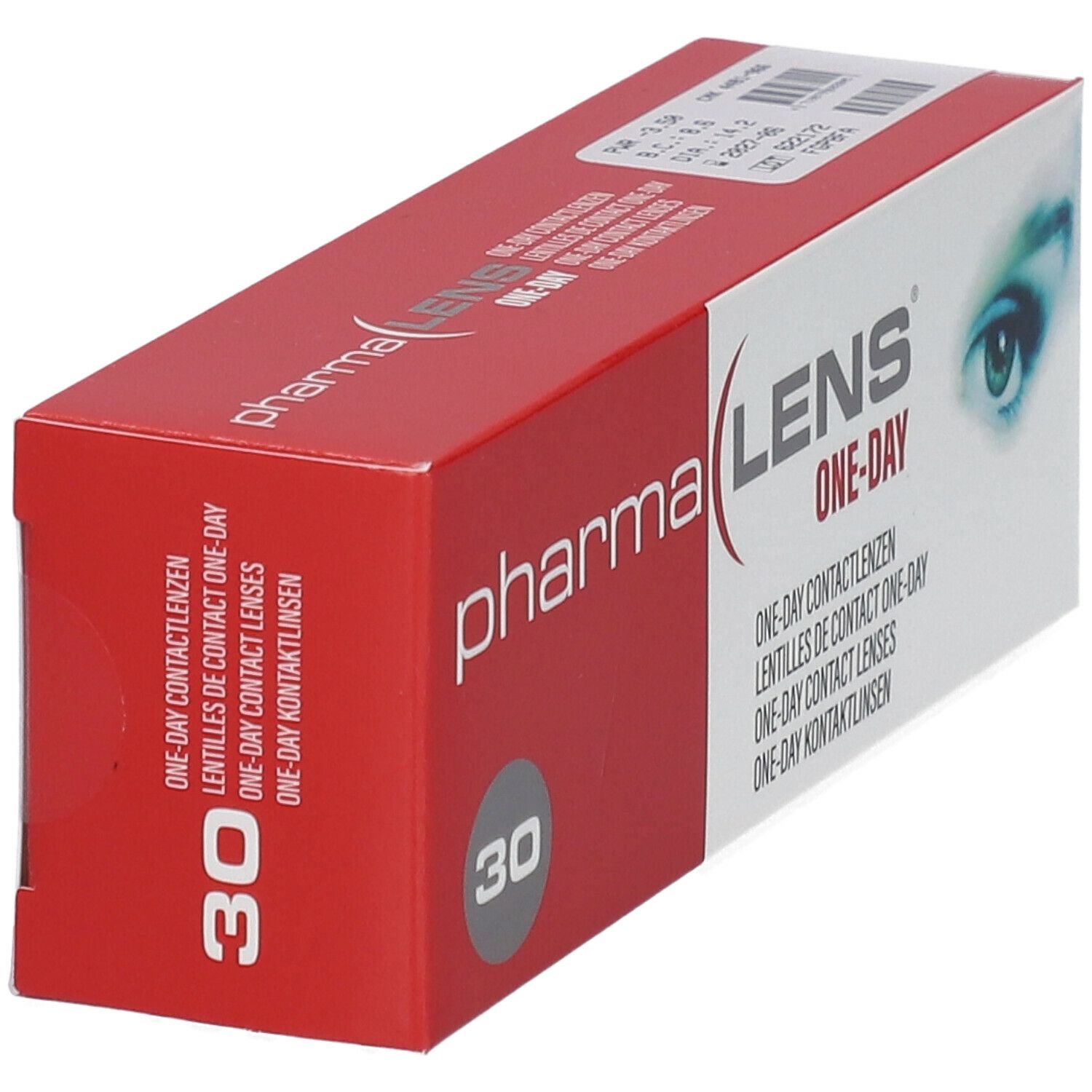 Vue en biais de l'emballage des lentilles de contact Pharmalens One-Day. Boîte rouge et blanche avec nom et 30 lentilles.