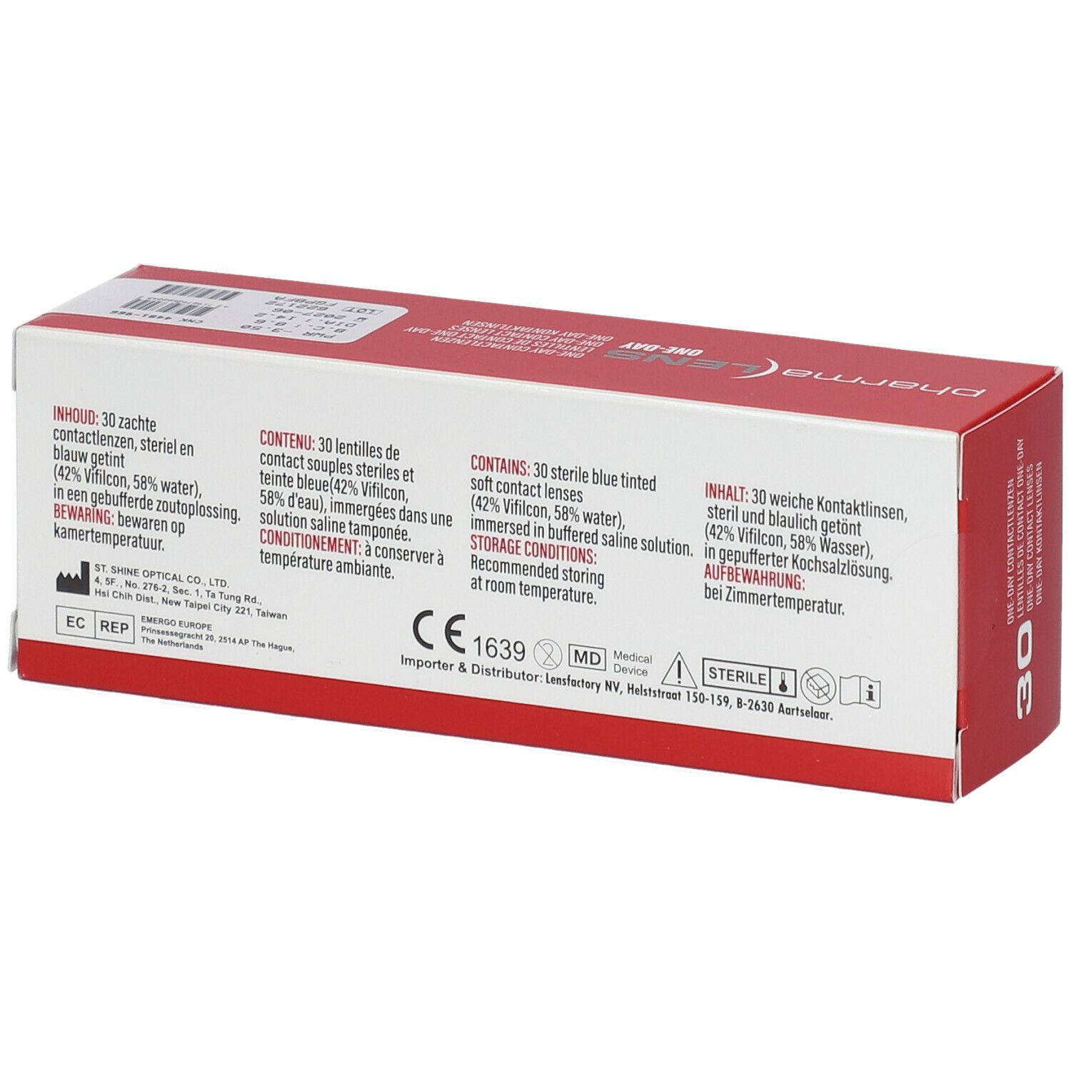 Dos de l'emballage des lentilles de contact Pharmalens One-Day. Contient des informations sur les ingrédients, le stockage et les certifications.