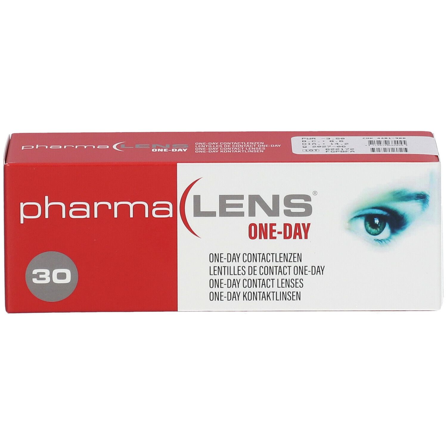 Emballage de lentilles de contact Pharmalens One-Day. Boîte rouge et blanche avec nom, 30 lentilles et un design d'œil.