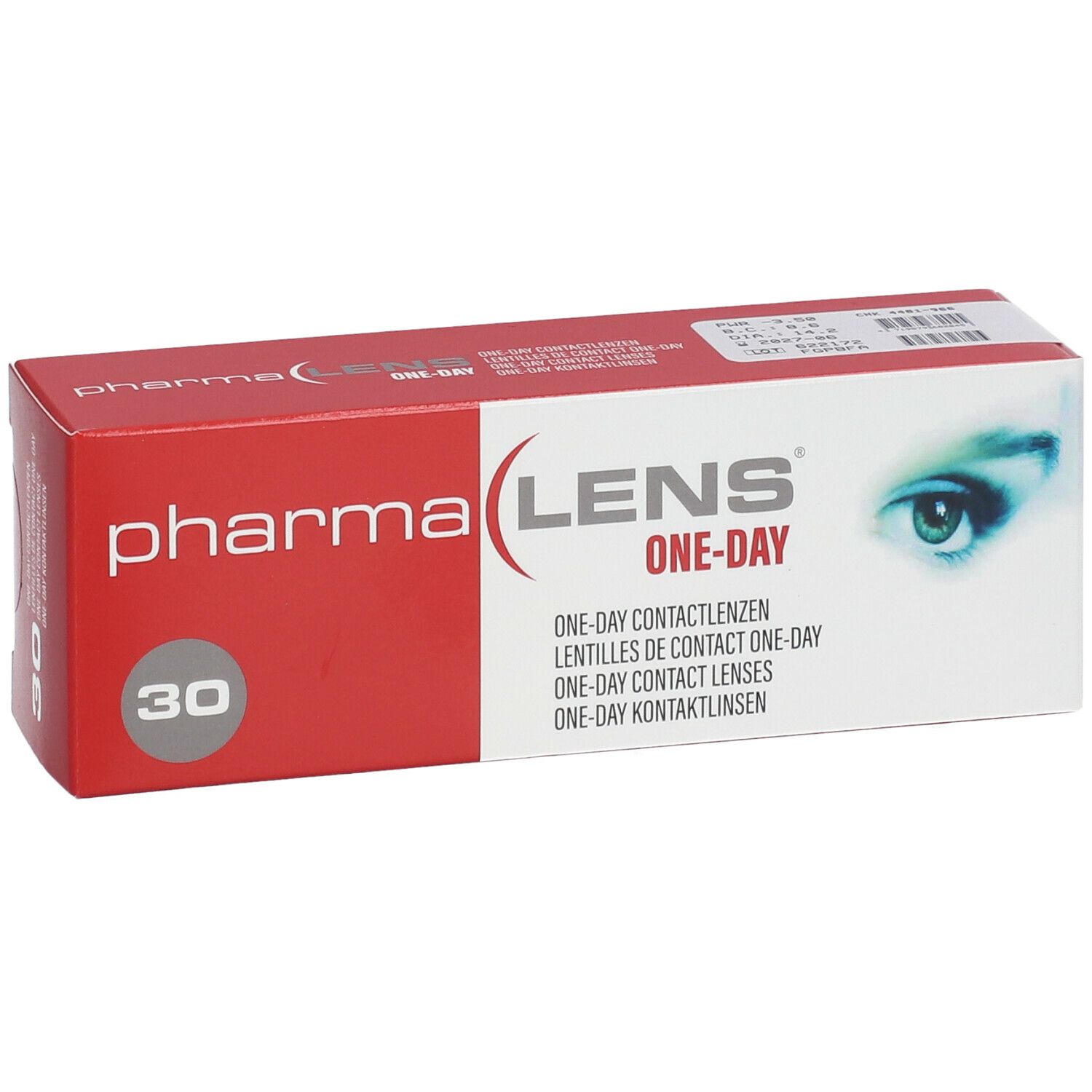 Emballage de lentilles de contact Pharmalens One-Day. Boîte rouge et blanche avec nom, 30 lentilles et un design d'œil.