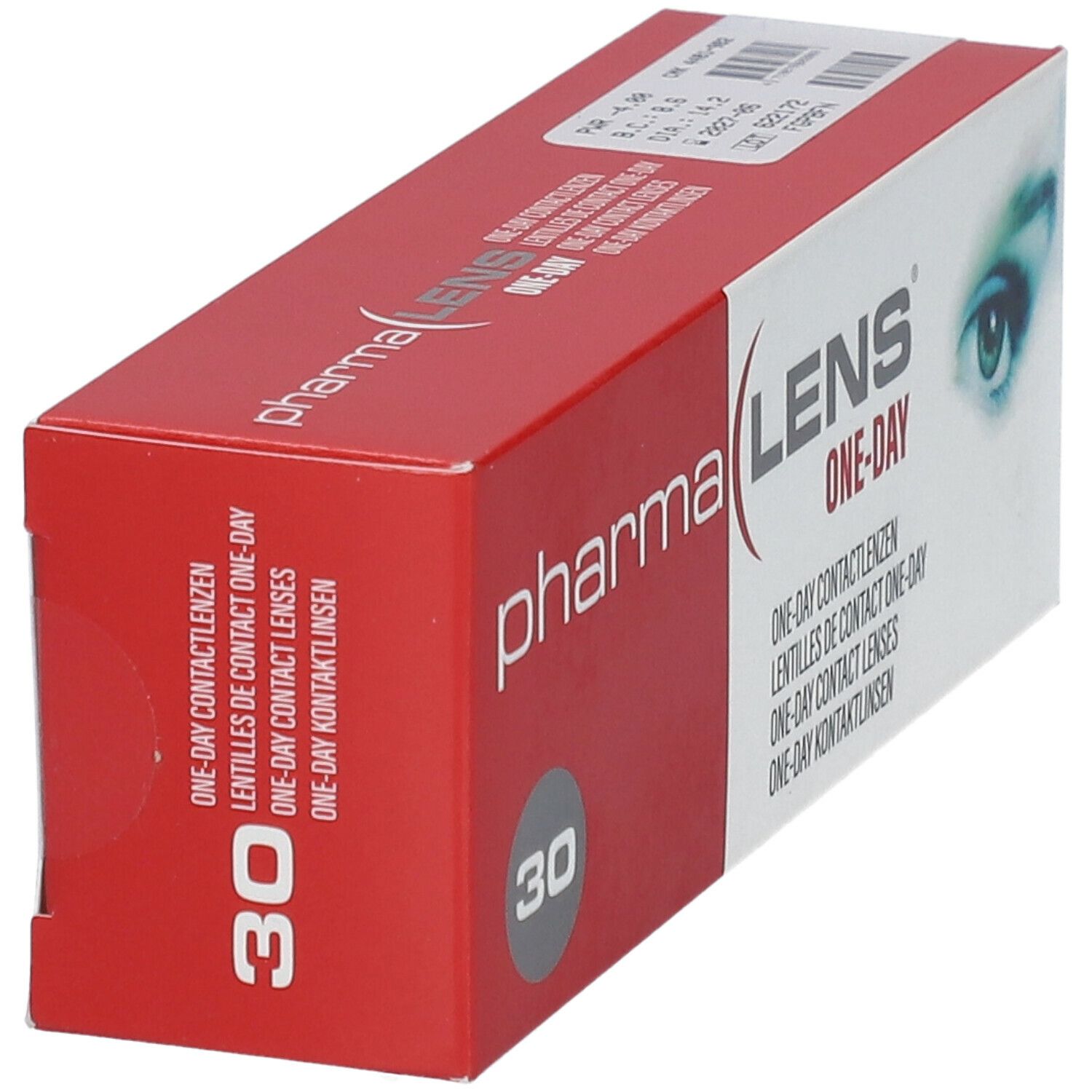 Boîte rouge et blanche en biais avec logo "pharma LENS ONE-DAY" et chiffre 30. Boîte de lentilles de contact.
