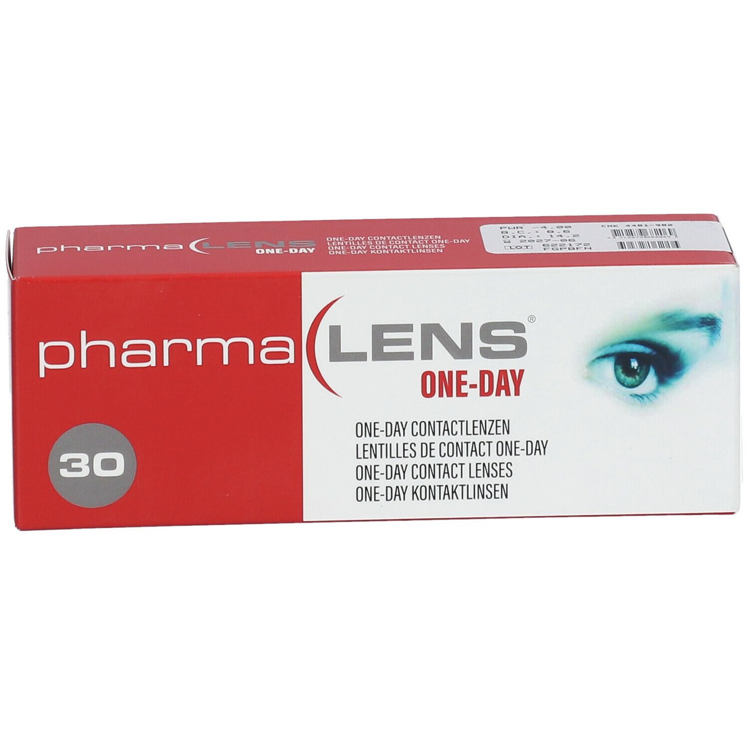 Boîte rouge et blanche avec logo "pharma LENS ONE-DAY" et chiffre 30. Boîte de lentilles avec illustration d'œil.