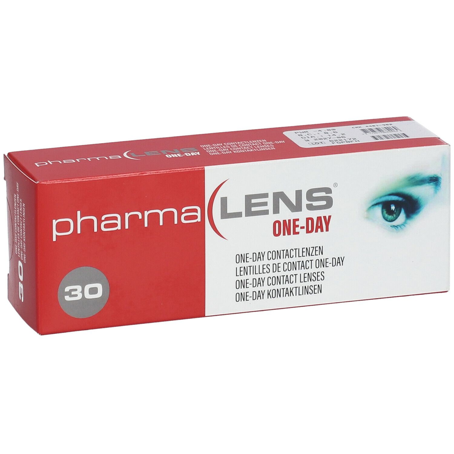 Boîte rouge et blanche avec logo "pharma LENS ONE-DAY" et chiffre 30. Boîte de lentilles avec illustration d'œil.