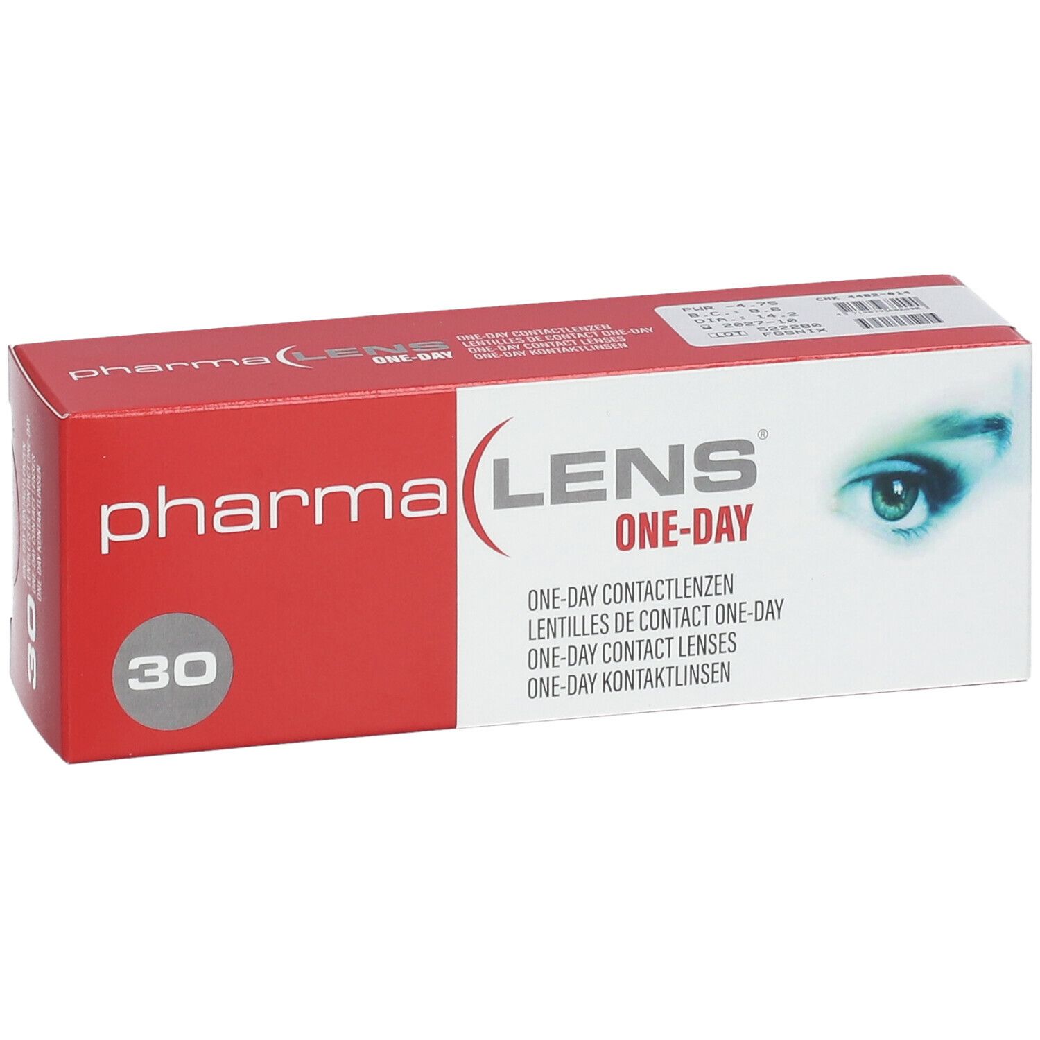 Boîte rouge et blanche "pharma LENS ONE-DAY". Contient 30 lentilles.