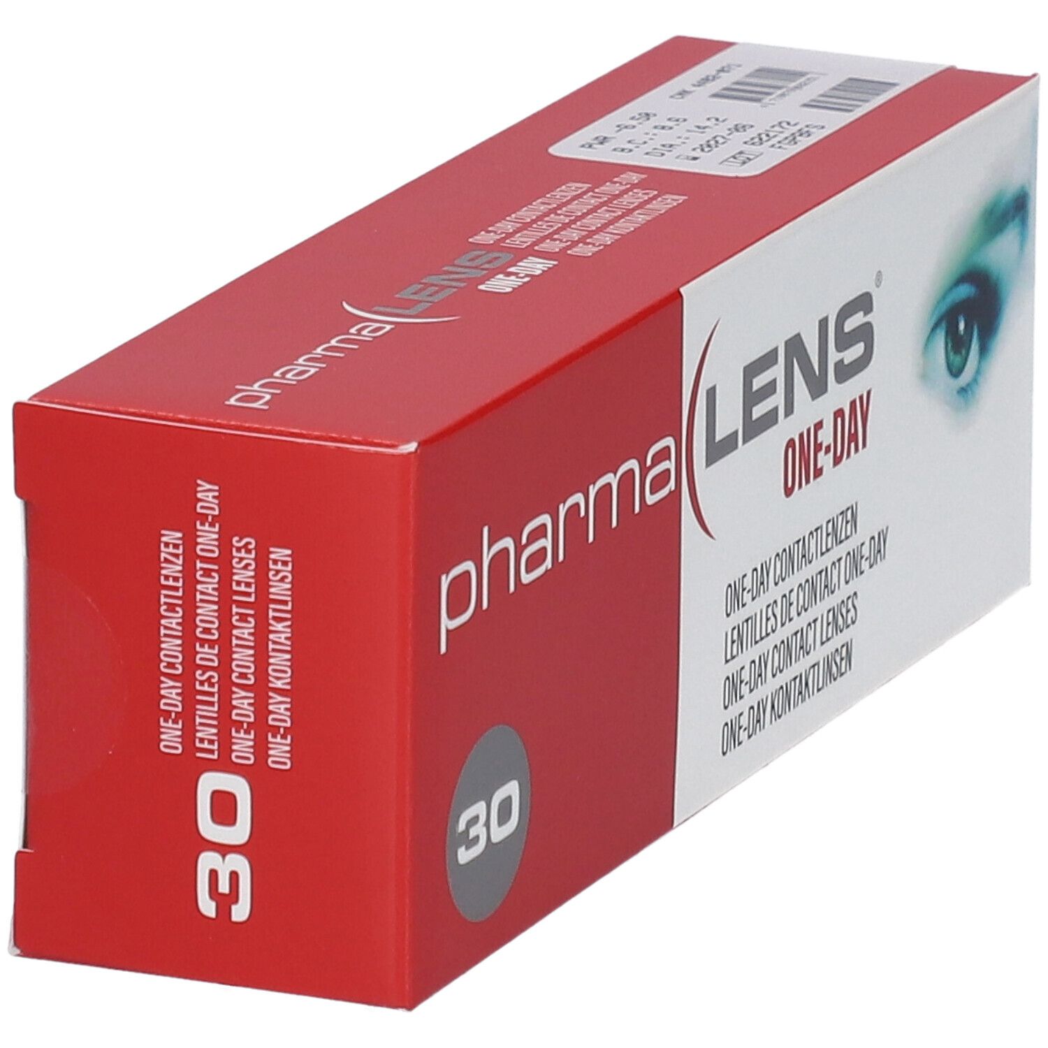Boîte rouge et blanche avec nom du produit et 30 lentilles. Inscription : LENS ONE-DAY, lentilles de contact.