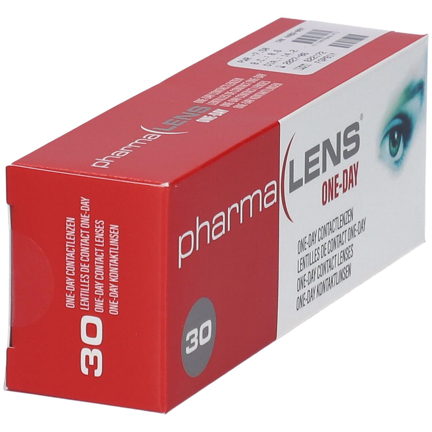 Schachtel von Pharmalens One-Day Lentilles. Rote und weiße Verpackung mit Produktnamen und 30 Stück.