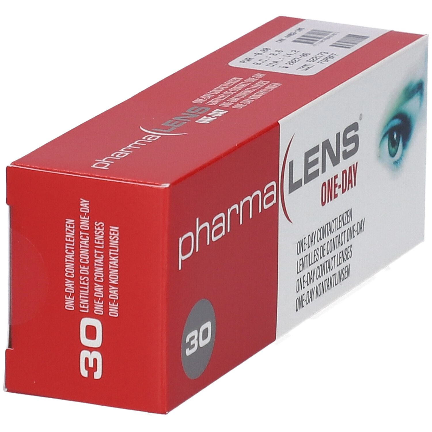 Rote und weiße Schachtel von Pharmalens One-Day Kontaktlinsen. Zeigt den Produktnamen und die Anzahl 30.
