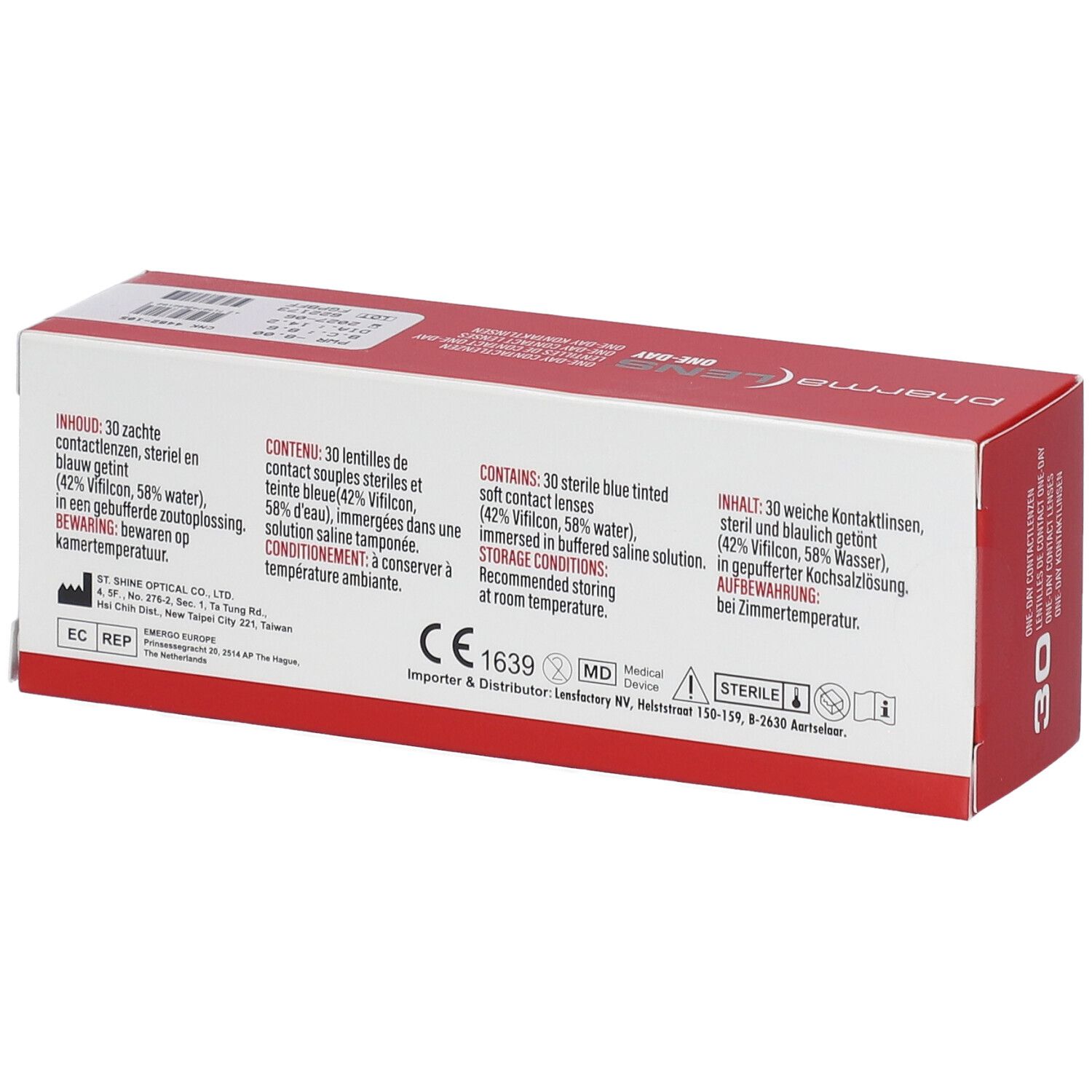 Rückseite der Pharmalens One-Day Kontaktlinsen-Verpackung. Enthält Informationen zu Inhalt, Inhaltsstoffen und Lagerung.