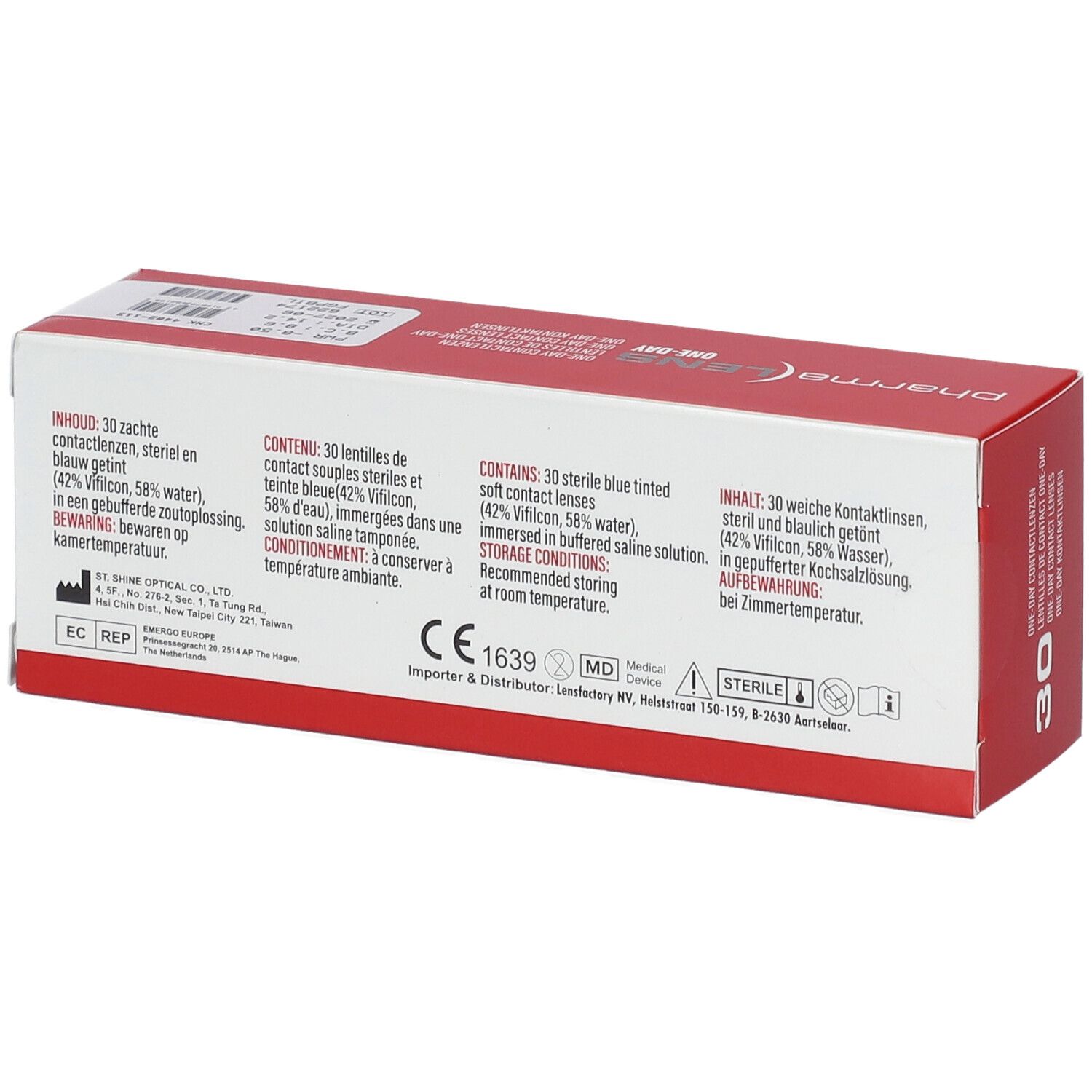 Rückseite der Kontaktlinsen-Box mit Text in mehreren Sprachen, CE-Kennzeichnung.