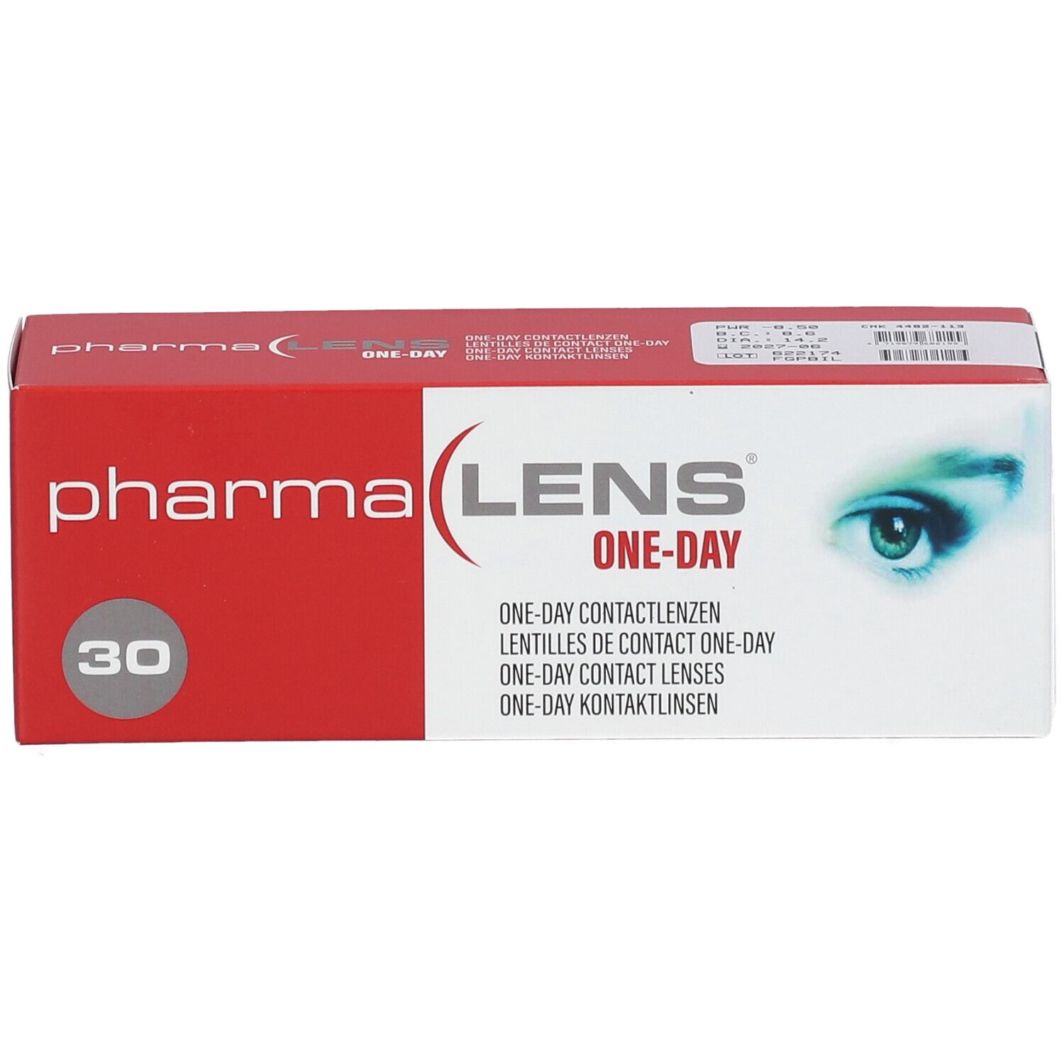 Kontaktlinsen-Box mit "pharma LENS ONE-DAY"-Logo und 30. Weiße und rote Verpackung.
