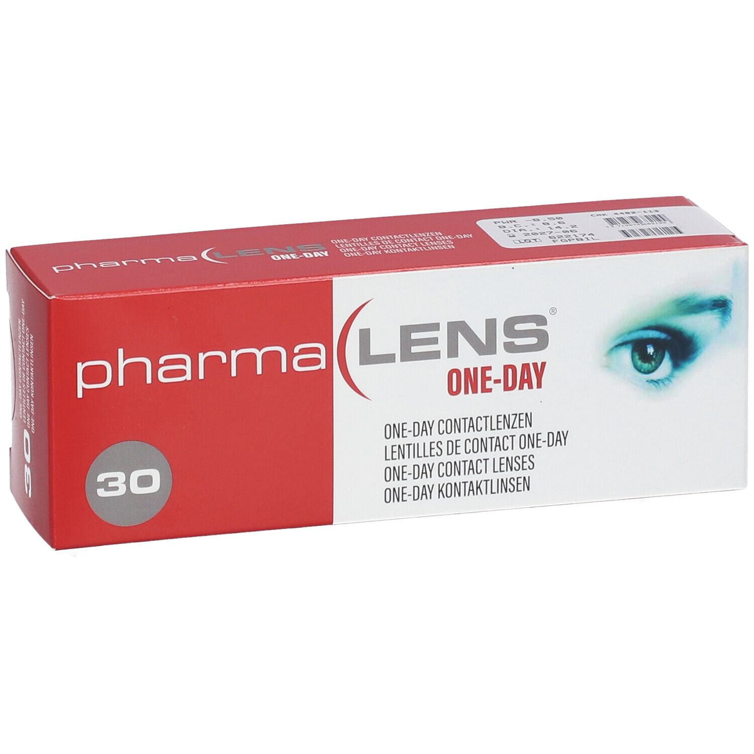 Kontaktlinsen-Box mit "pharma LENS ONE-DAY"-Logo und 30. Weiße und rote Verpackung.