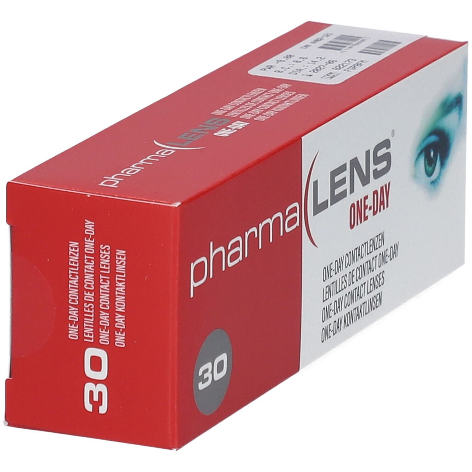 Rote und weiße Schachtel mit "pharma LENS ONE-DAY"-Aufdruck. Enthält 30 Kontaktlinsen. Aufgedrucktes Auge.