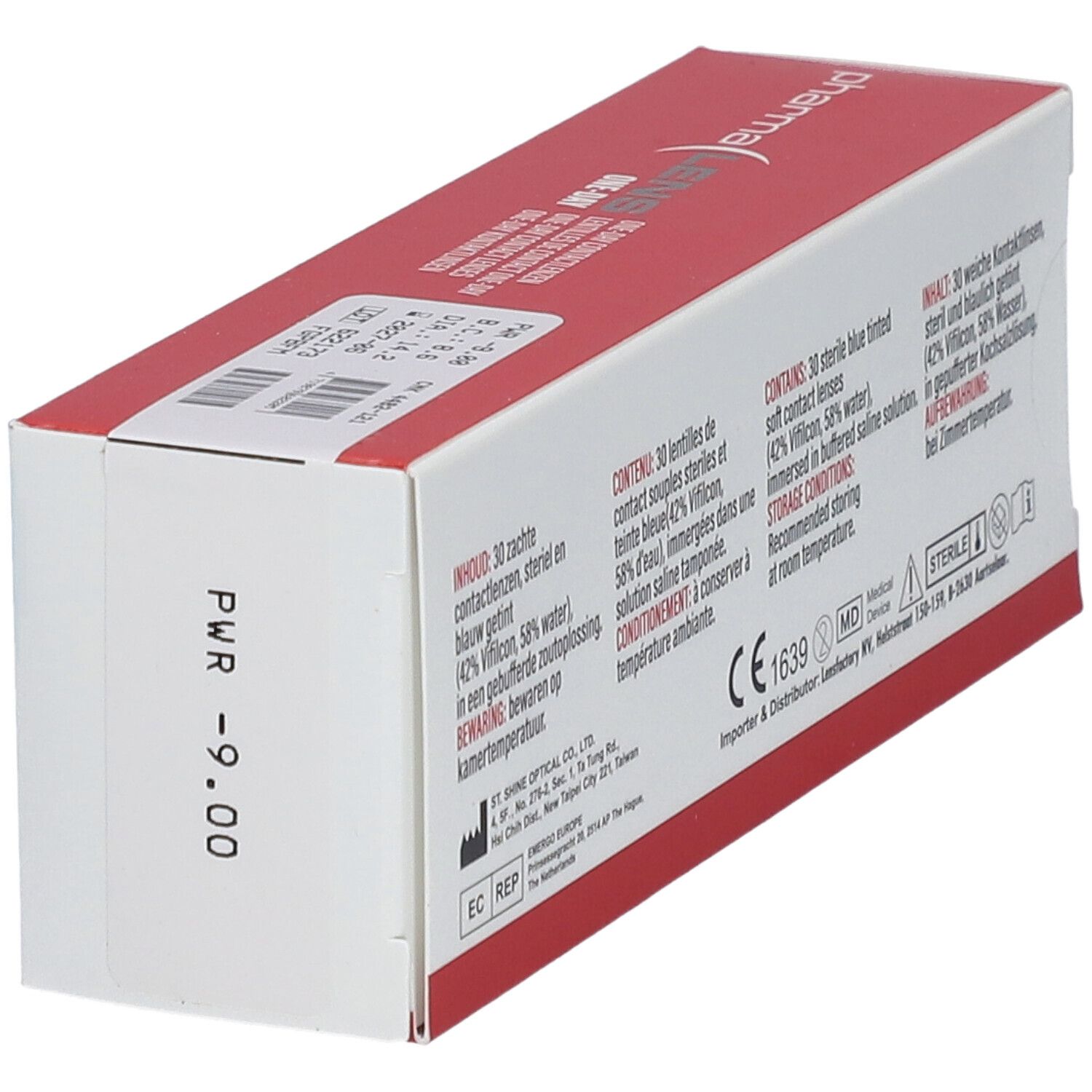 Seitenansicht der Schachtel mit Text. Enthält 30 sterile Kontaktlinsen. PWR -9.00.