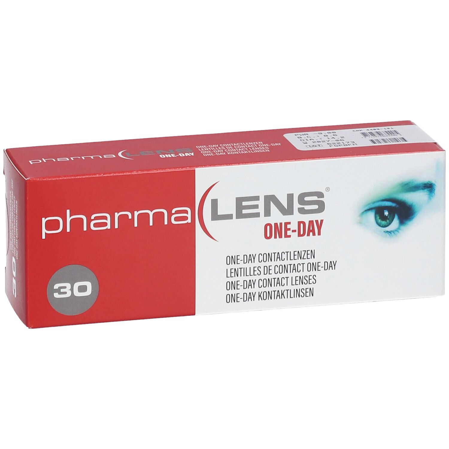 Rote und weiße Schachtel mit "pharma LENS ONE-DAY"-Aufdruck. Enthält 30 Kontaktlinsen. Aufgedrucktes Auge.