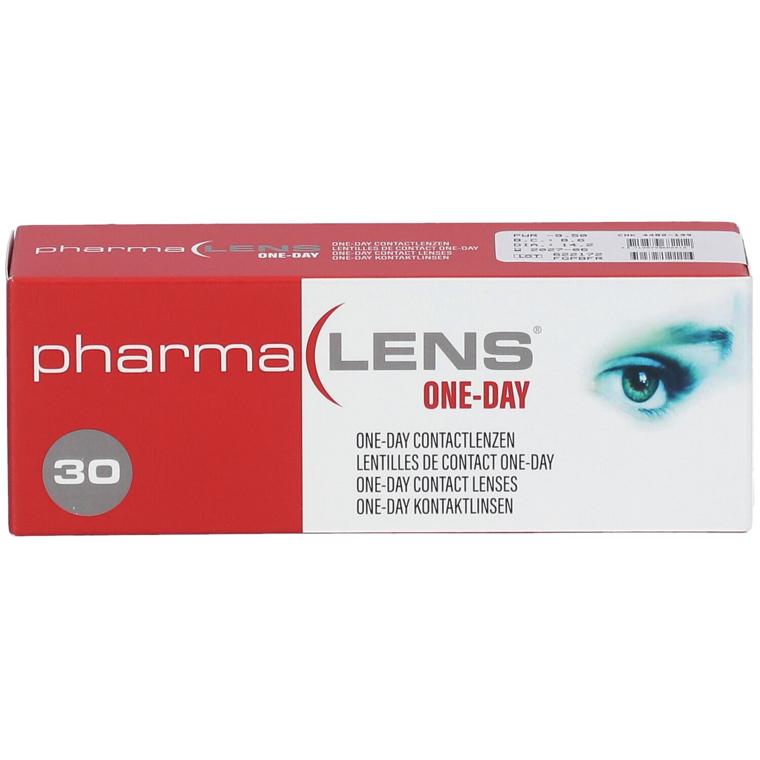 Kontaktlinsenverpackung. Rote und weiße Schachtel mit Aufschrift "pharma LENS ONE-DAY". 30 Stück.