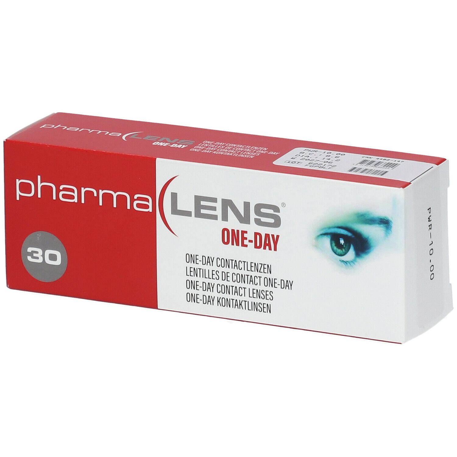Boîte rouge et blanche de lentilles de contact. Inscription : pharma LENS ONE-DAY. 30 unités.