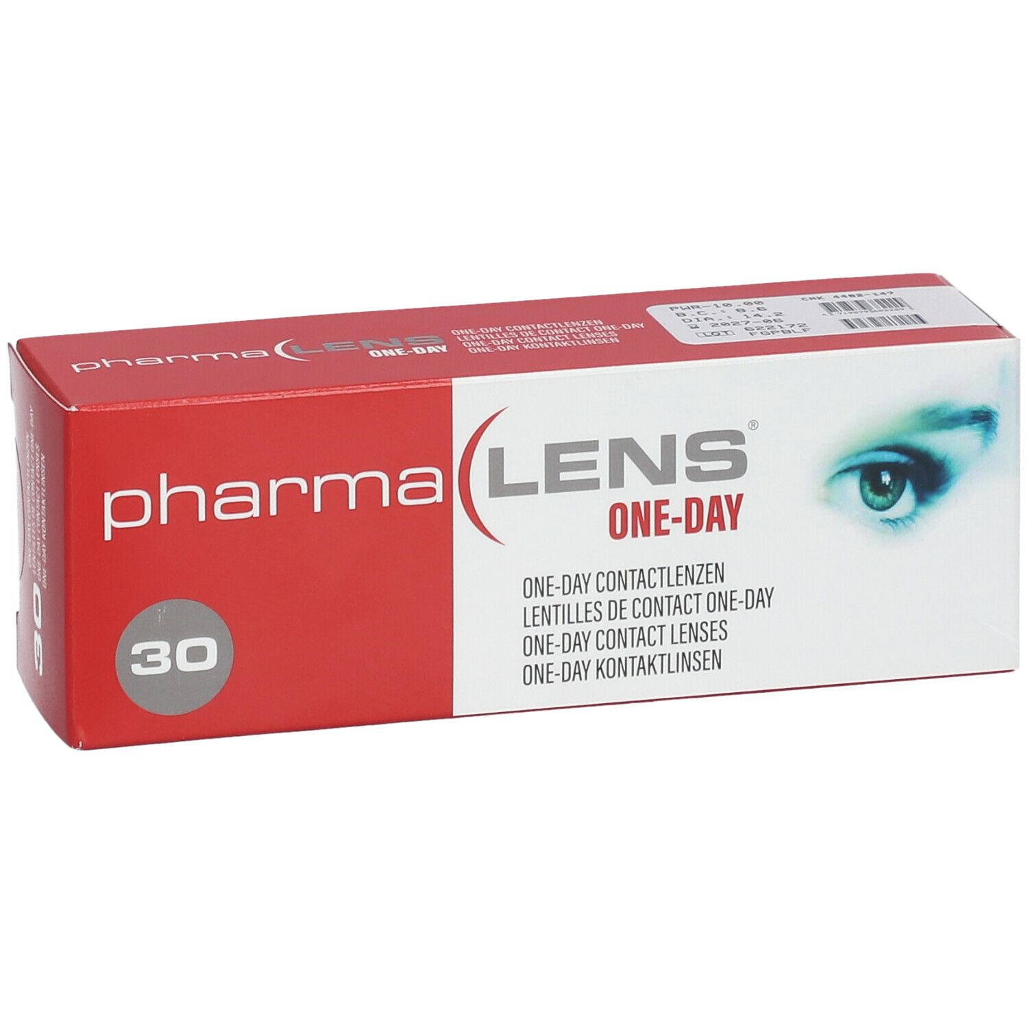 Boîte rouge et blanche de lentilles de contact. Inscription : pharma LENS ONE-DAY. 30 unités.