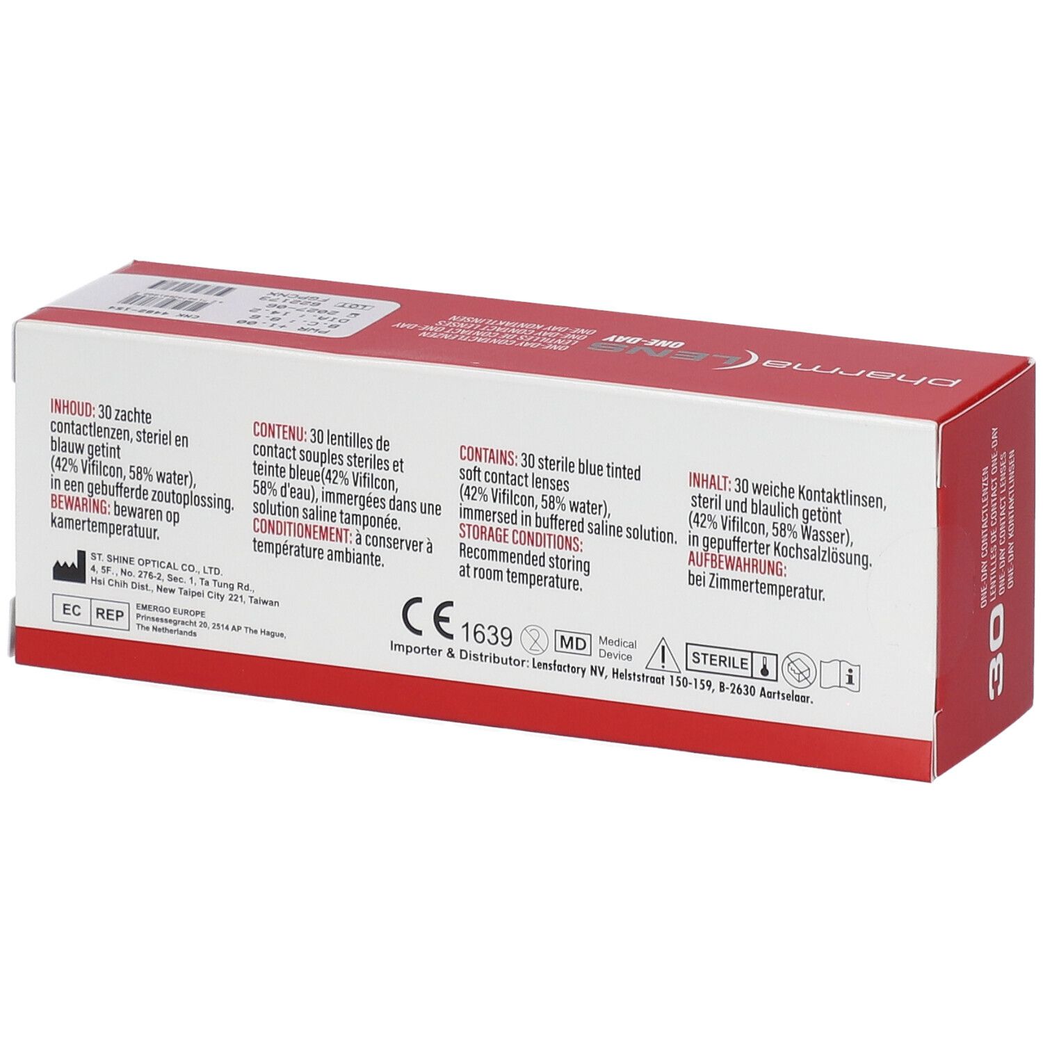 Rückseite der Verpackung von Pharmalens One-Day Kontaktlinsen. Textinformationen, CE-Kennzeichnung und Hersteller.