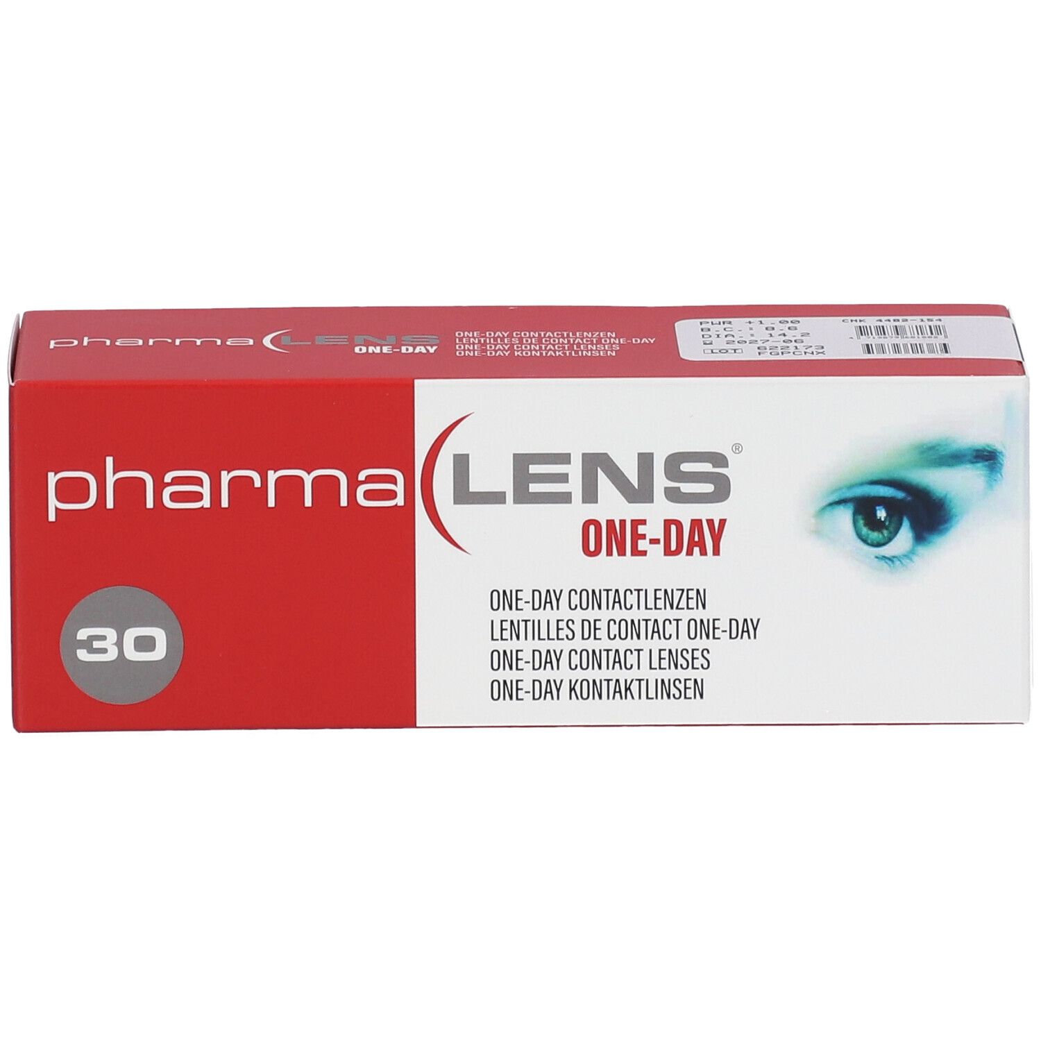 Verpackung von Pharmalens One-Day Kontaktlinsen. Rote und weiße Schachtel mit Produktnamen und 30 Stück.