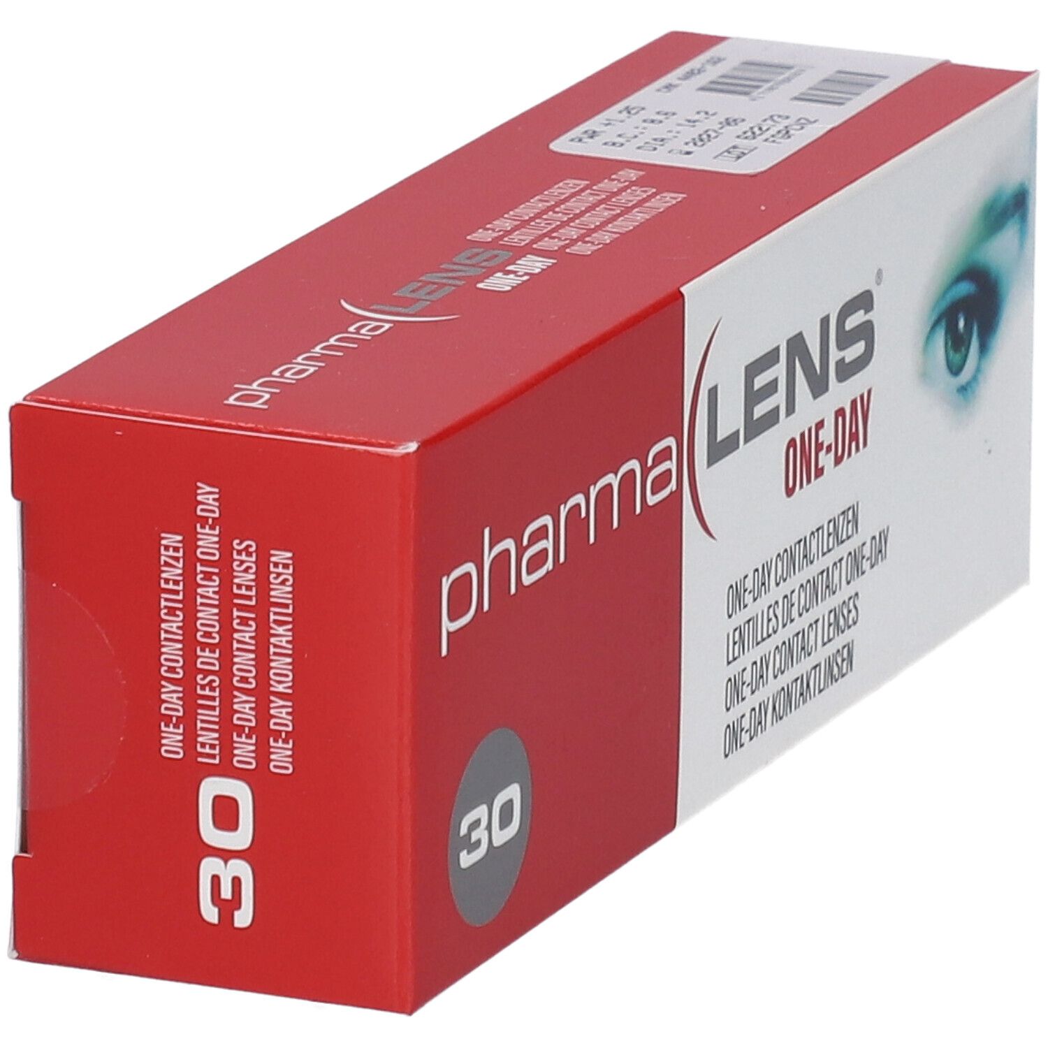 Rote und weiße Verpackung mit Produktnamen und "30". Aufdruck "LENS ONE-DAY".