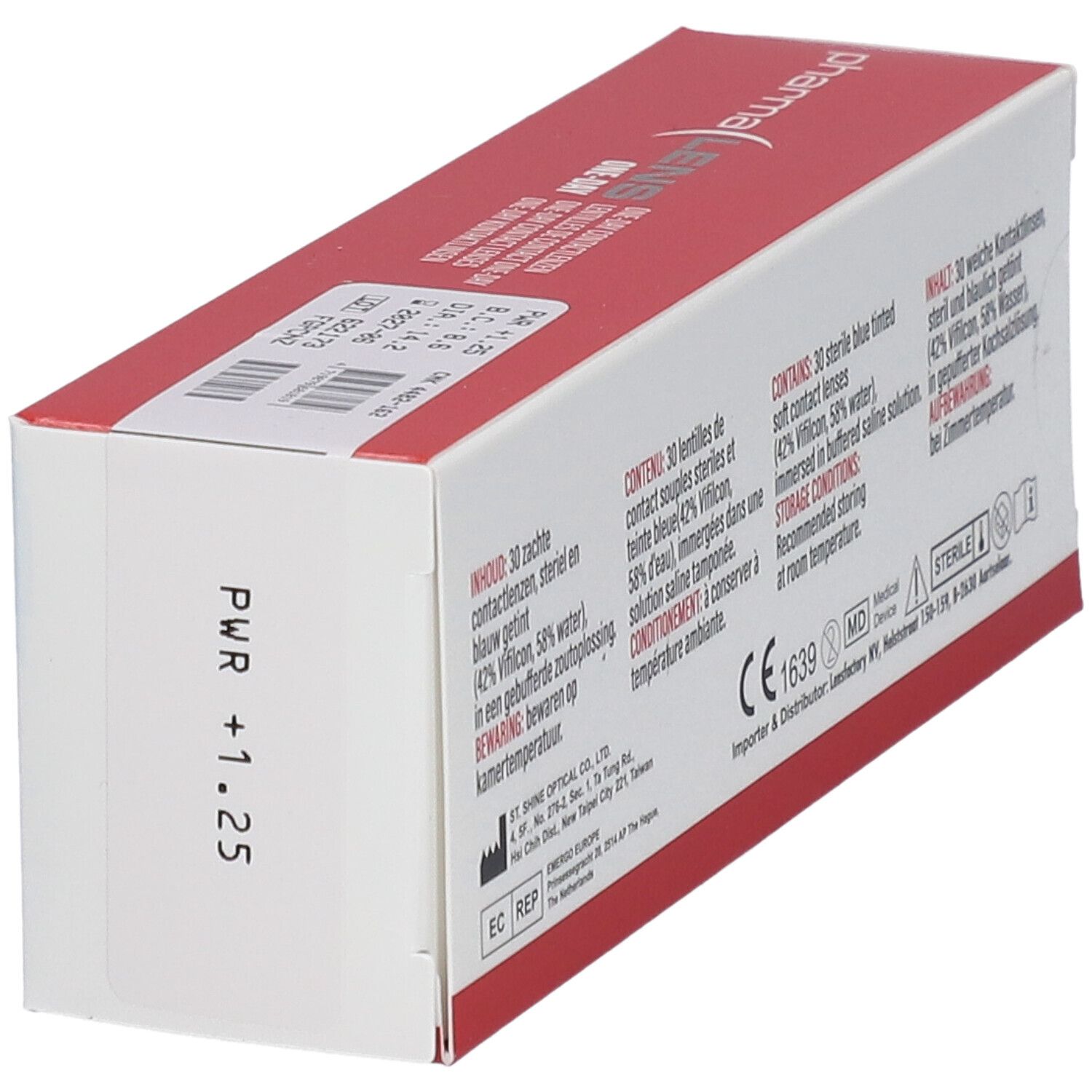 Rückseite der Verpackung mit Text und CE-Kennzeichnung. Enthält Kontaktlinsen.
