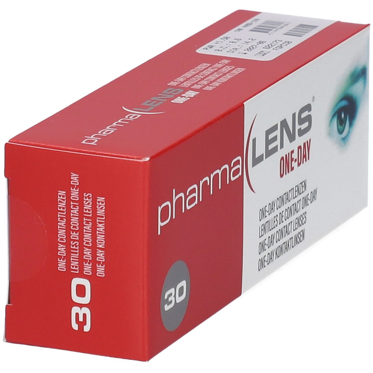 Schachtel mit Kontaktlinsen, rot-weiß. Aufdruck: Pharma Lens One-Day. 30 Stück. Seitenansicht mit Produktinformationen.