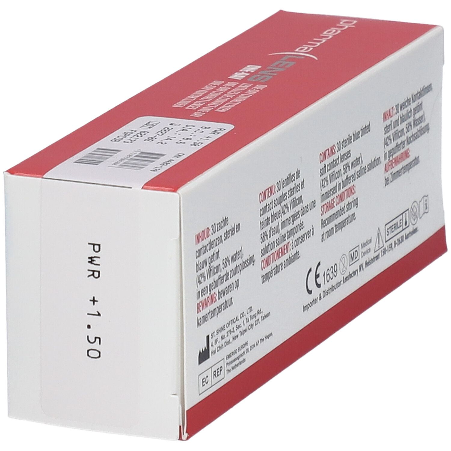 Rückseite der Kontaktlinsenverpackung. Enthält Informationen zu Inhaltsstoffen, Lagerung und Hersteller. PWR +1,50.
