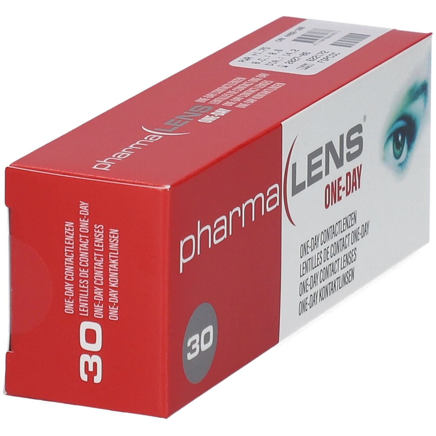 Boîte de lentilles de contact. Emballage rouge et blanc avec "pharma LENS ONE-DAY". Contient 30 lentilles.