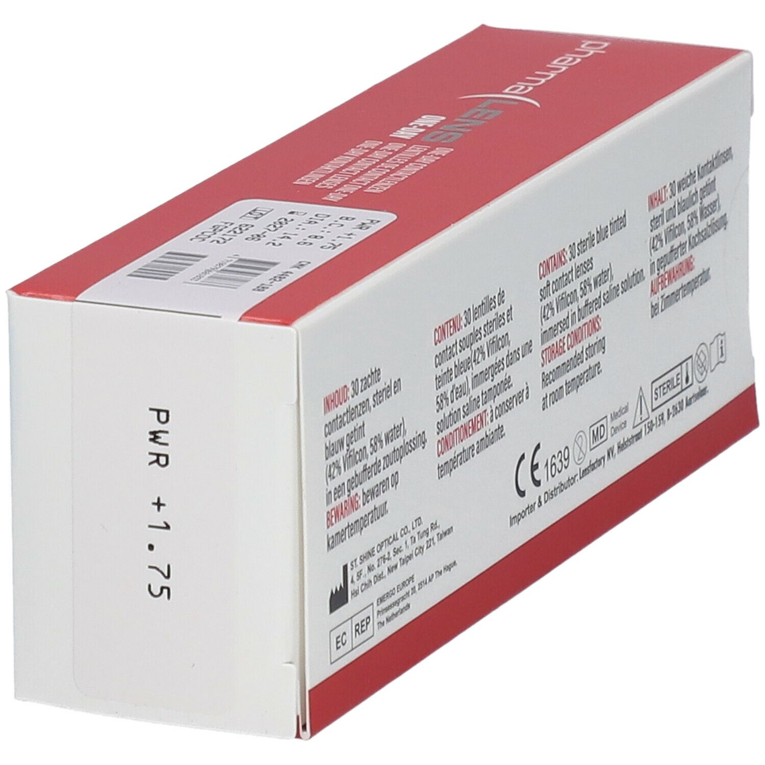 Boîte de lentilles. Dos avec texte et marquage CE. Inscription "PWR +1.75".
