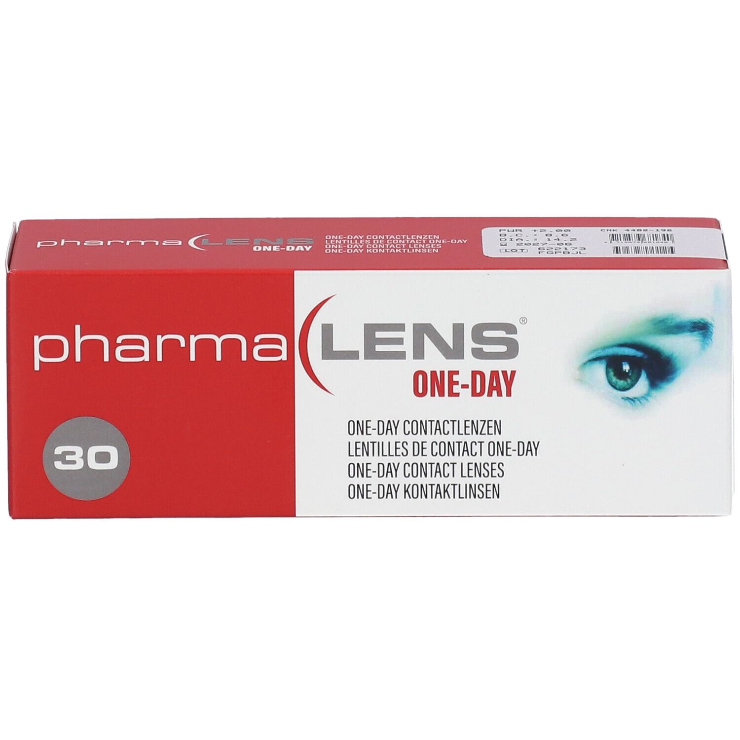 Rote und weiße Verpackung mit "pharma LENS ONE-DAY"-Schriftzug. 30 Kontaktlinsen.