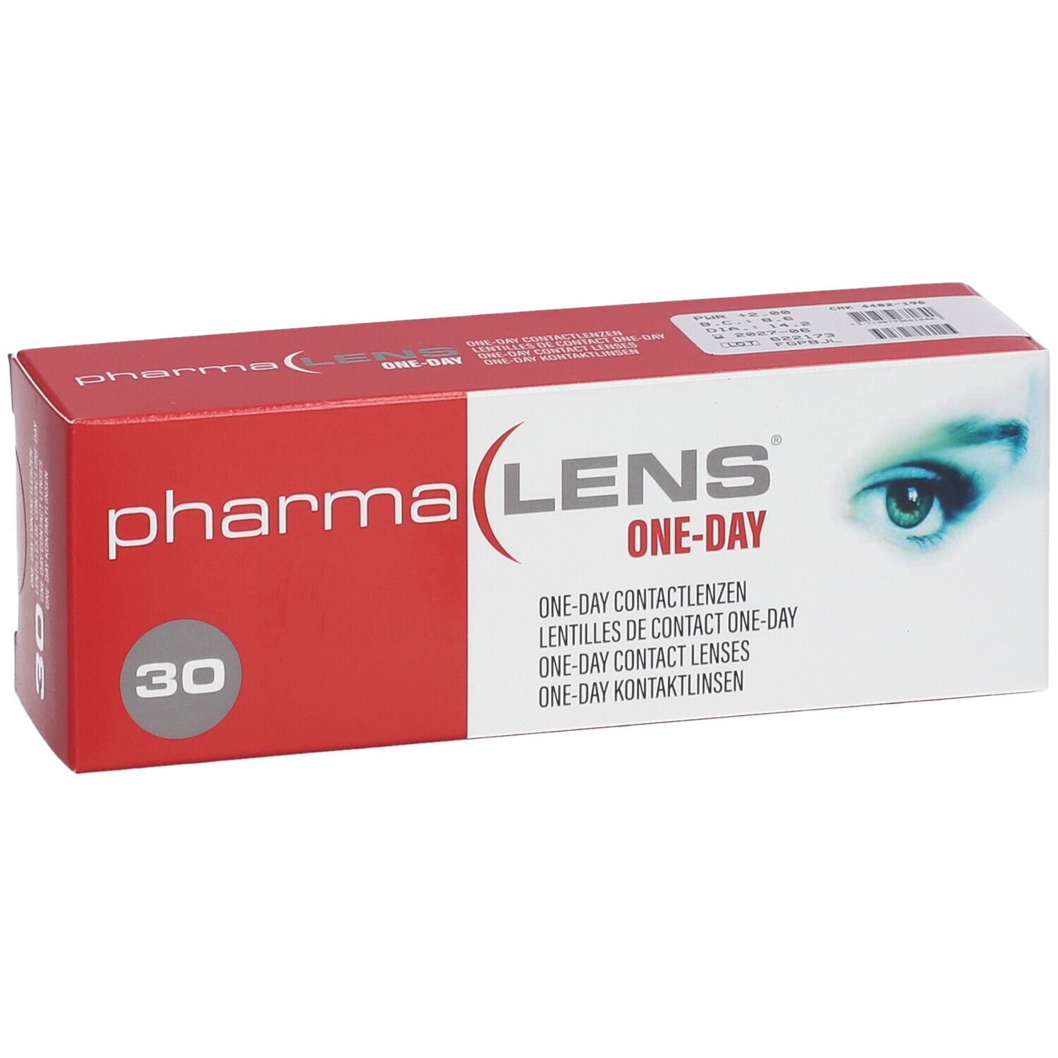 Rote und weiße Verpackung mit "pharma LENS ONE-DAY"-Schriftzug. 30 Kontaktlinsen.