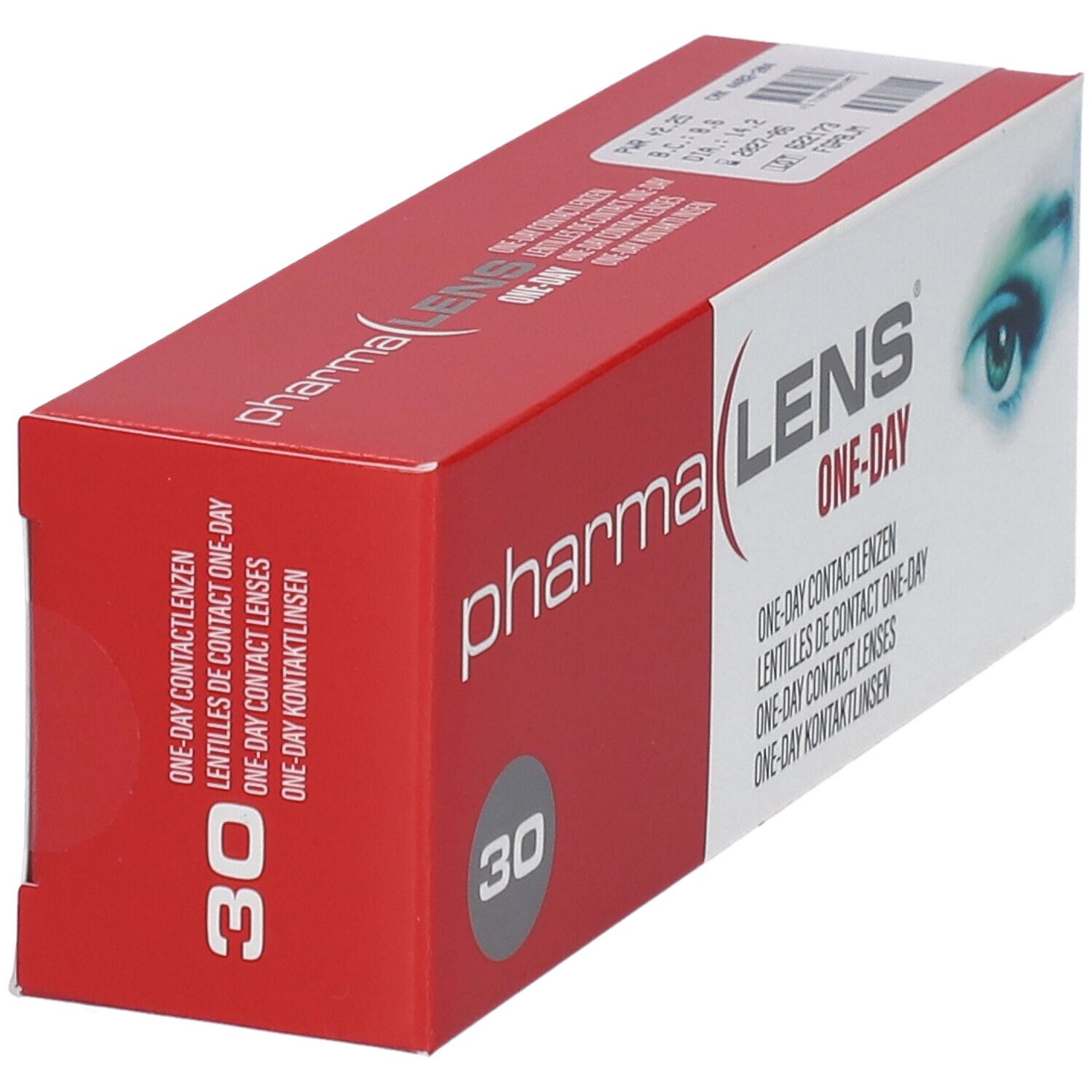 Rote und weiße Verpackung mit "pharma LENS ONE-DAY"-Logo und 30 Kontaktlinsen. Seitenansicht.