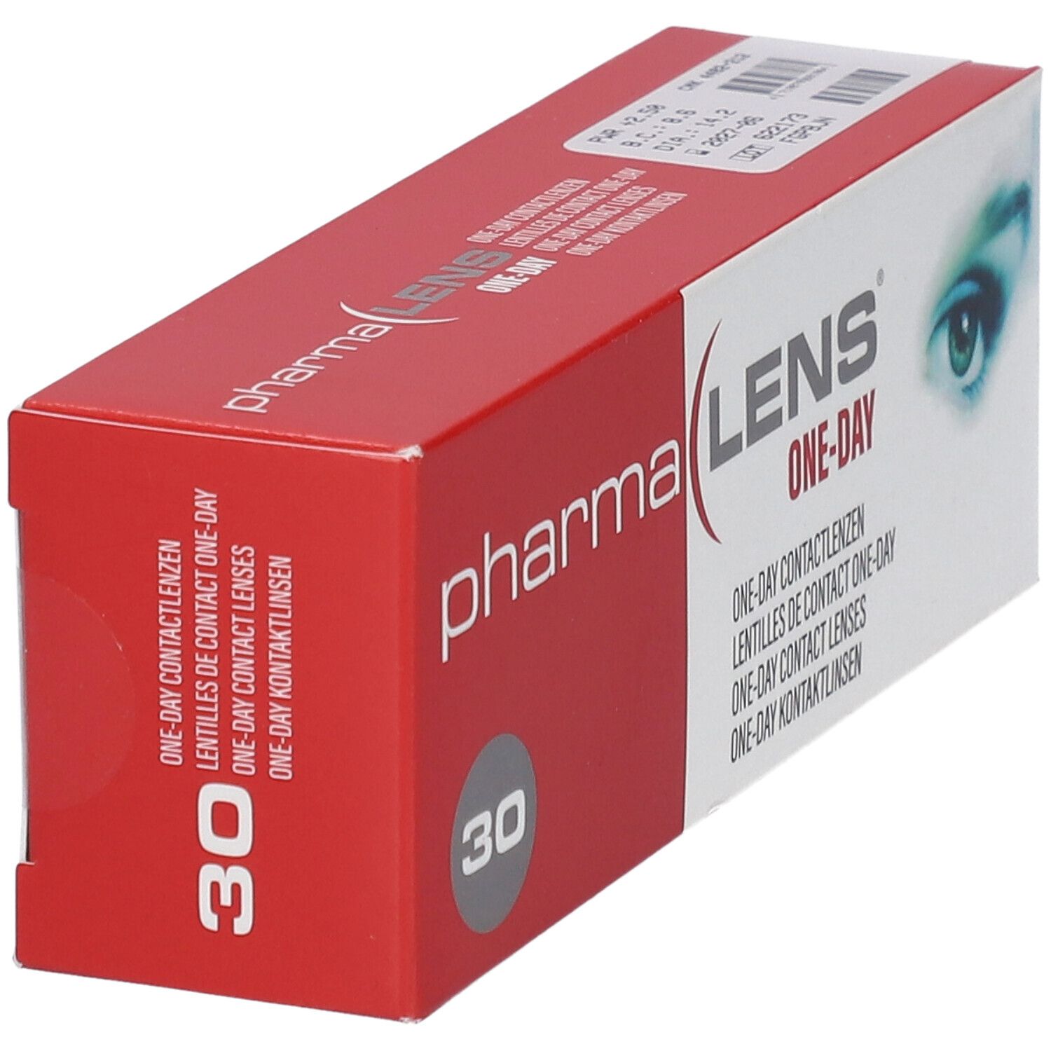 Boîte rouge et blanche de lentilles de contact. Inscription: pharma LENS ONE-DAY. Contient 30.