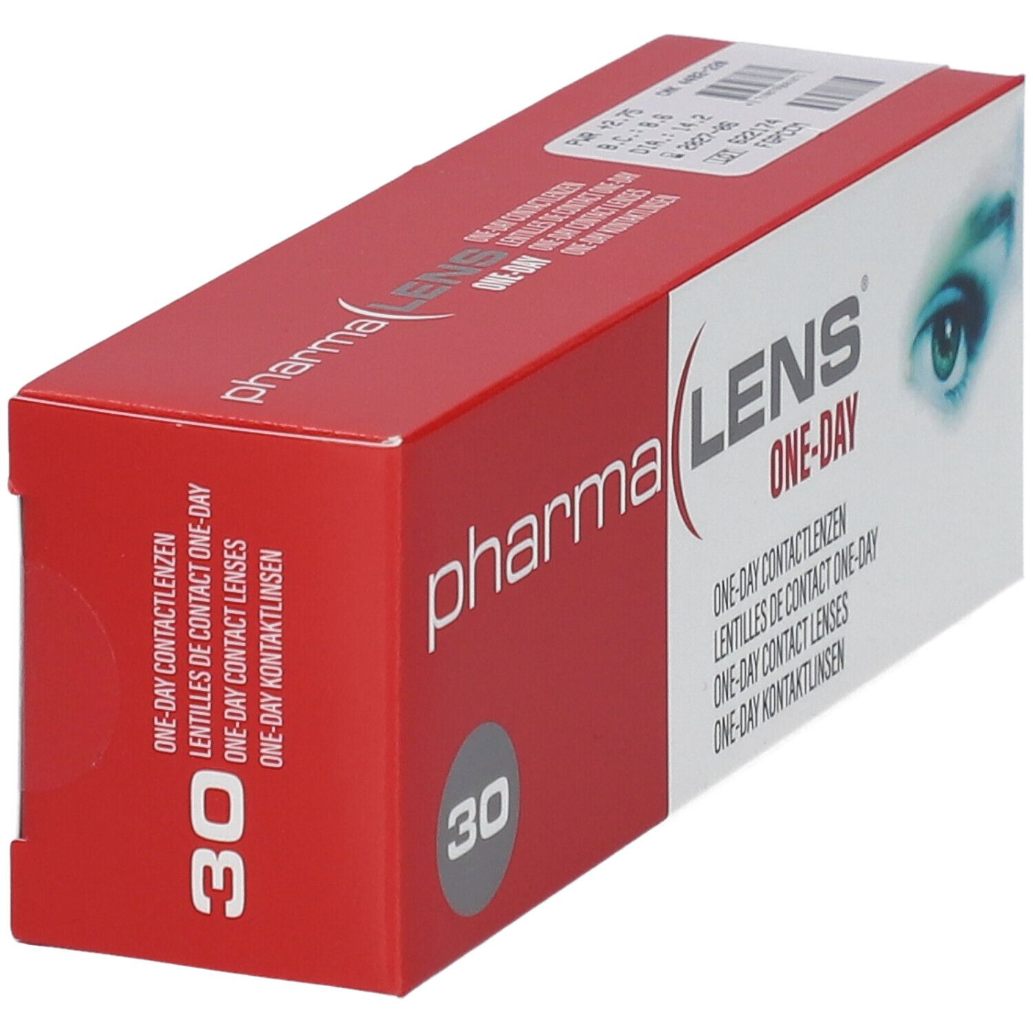 Boîte de lentilles de contact Pharmalens One-Day. Emballage rouge et blanc avec nom du produit et 30 unités.